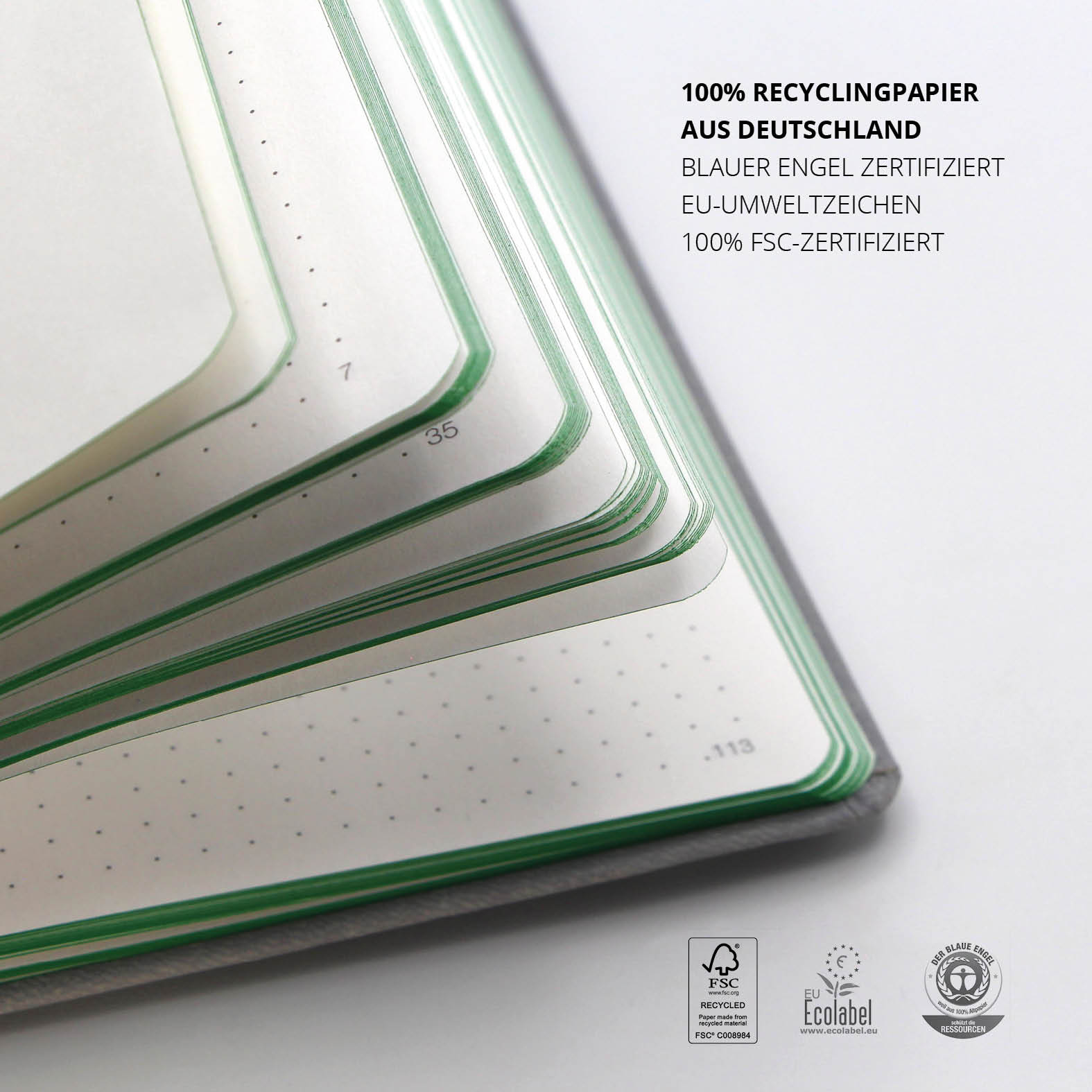 Hochwertiges Recyclingpapier aus Deutschland mit feiner Punktierung und nummerierten Seiten
