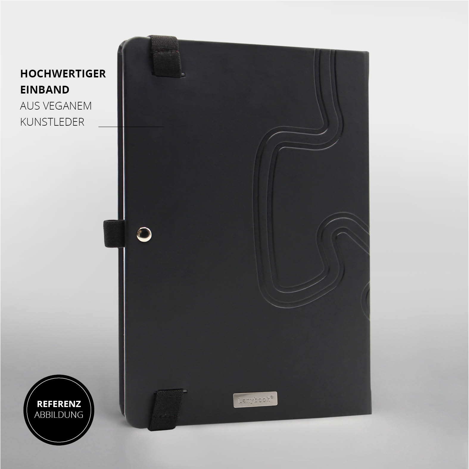 Rückansicht des Lanybook® Essential A5 Notizbuchs mit schwarzem veganem Kunstleder-Einband, Metallniete und integrierten Funktionselementen