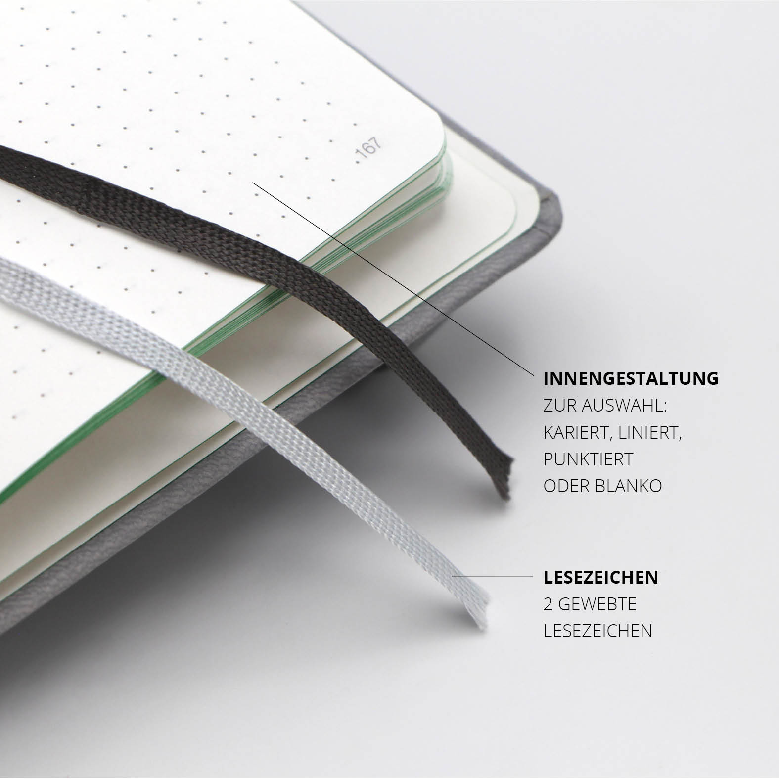 Zwei gewebte Lesezeichen im Lanybook® Pro für schnelles Wiederfinden wichtiger Seiten