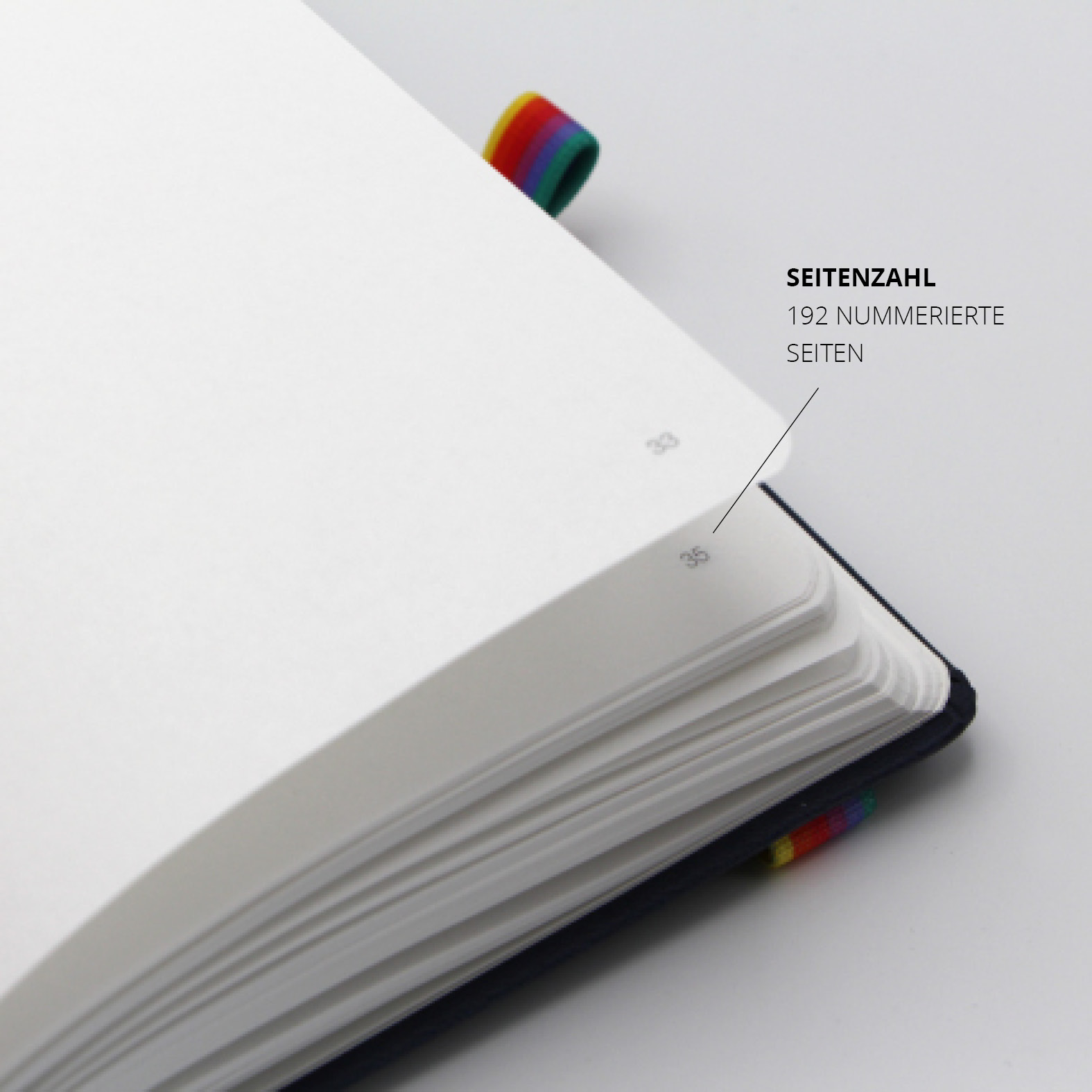 Detailaufnahme nummerierter Seiten im Lanybook®. Die Seiten 33 und 35 sind sichtbar. Das regenbogenfarbene Lanyband® ist am rechten Rand leicht zu sehen.
