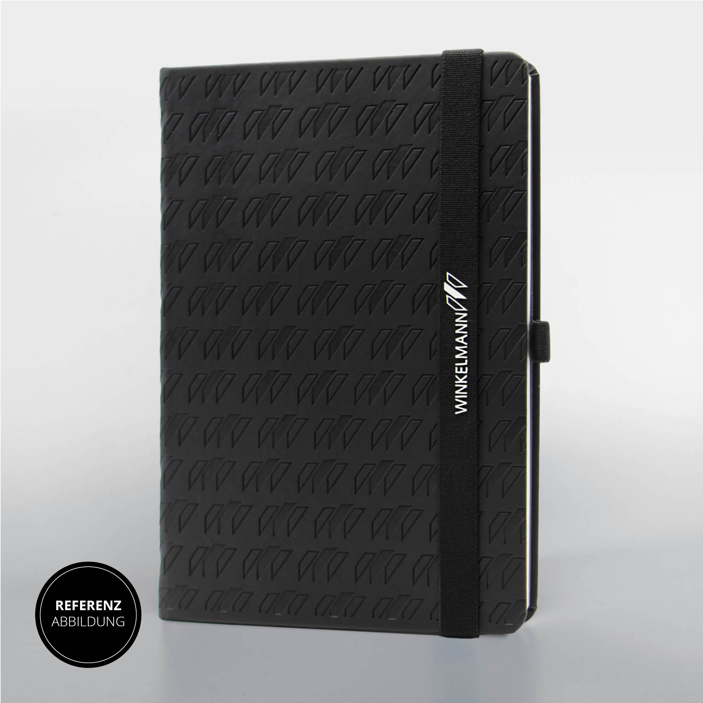 Schwarzes Lanybook® Notizbuch mit individueller Logo-Prägung und bedrucktem Lanyband® als hochwertiges Werbemittel