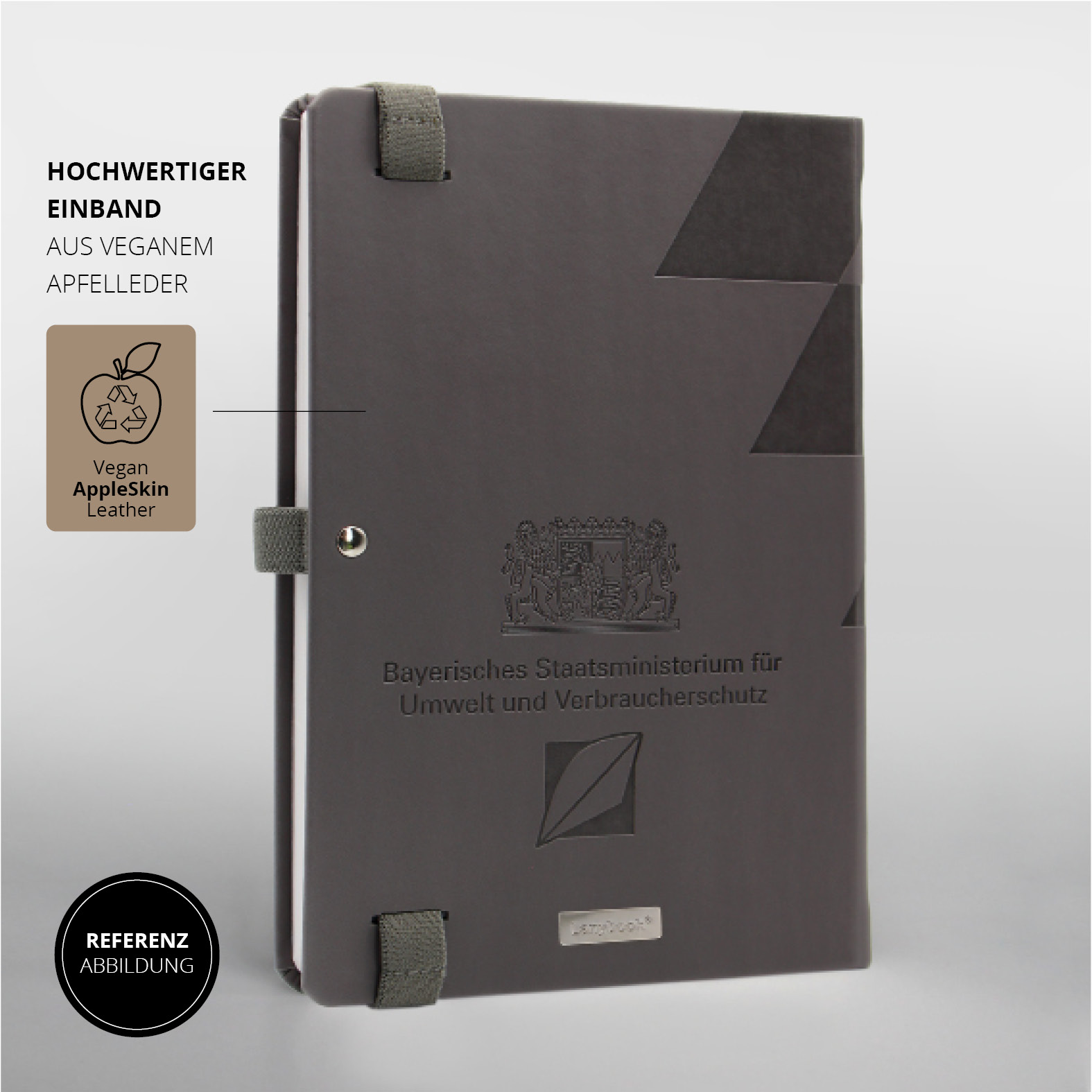 Rückseite des Lanybook® mit geprägtem Ministeriumslogo und drei farblich abgestimmten Lanyfixierungen.