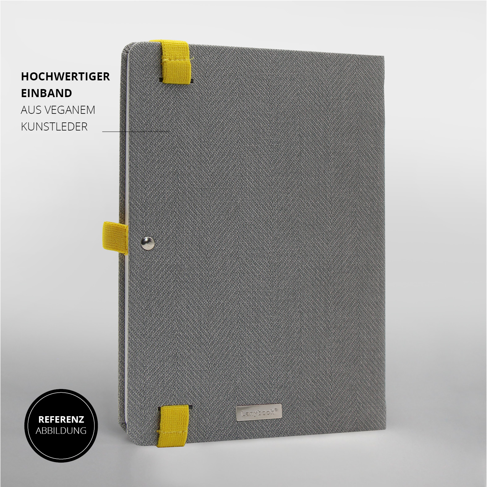 Schlichte Rückseite des grauen Tweed-Notizbuchs mit gelben Halterungen und Lanybook® Metalllabel.