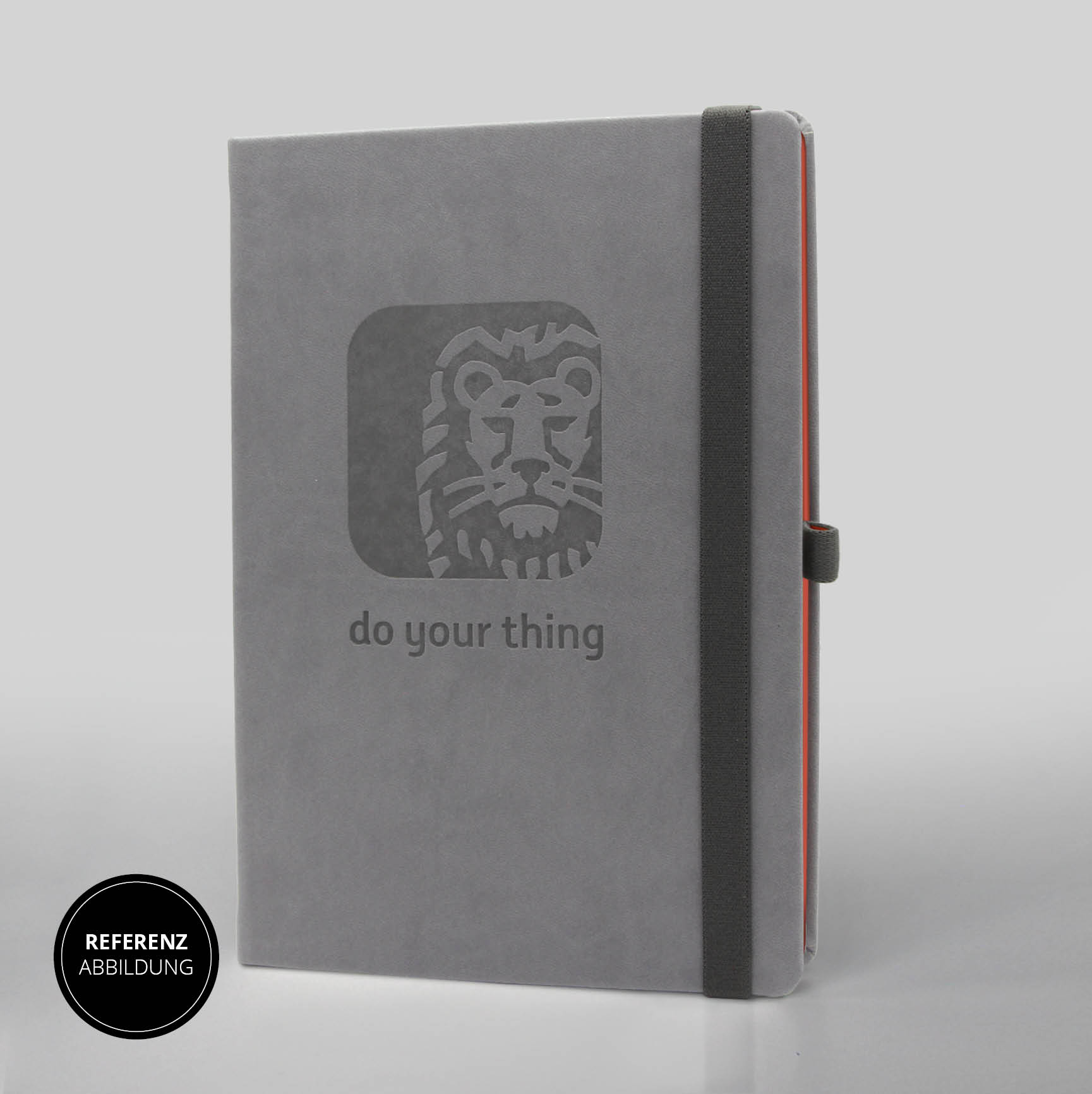 Notizbuch in Grau mit Prägung und Verschlussband – Individuell gestaltbares Notizbuch mit hochwertiger Logoprägung und praktischem elastischen Verschlussband.
