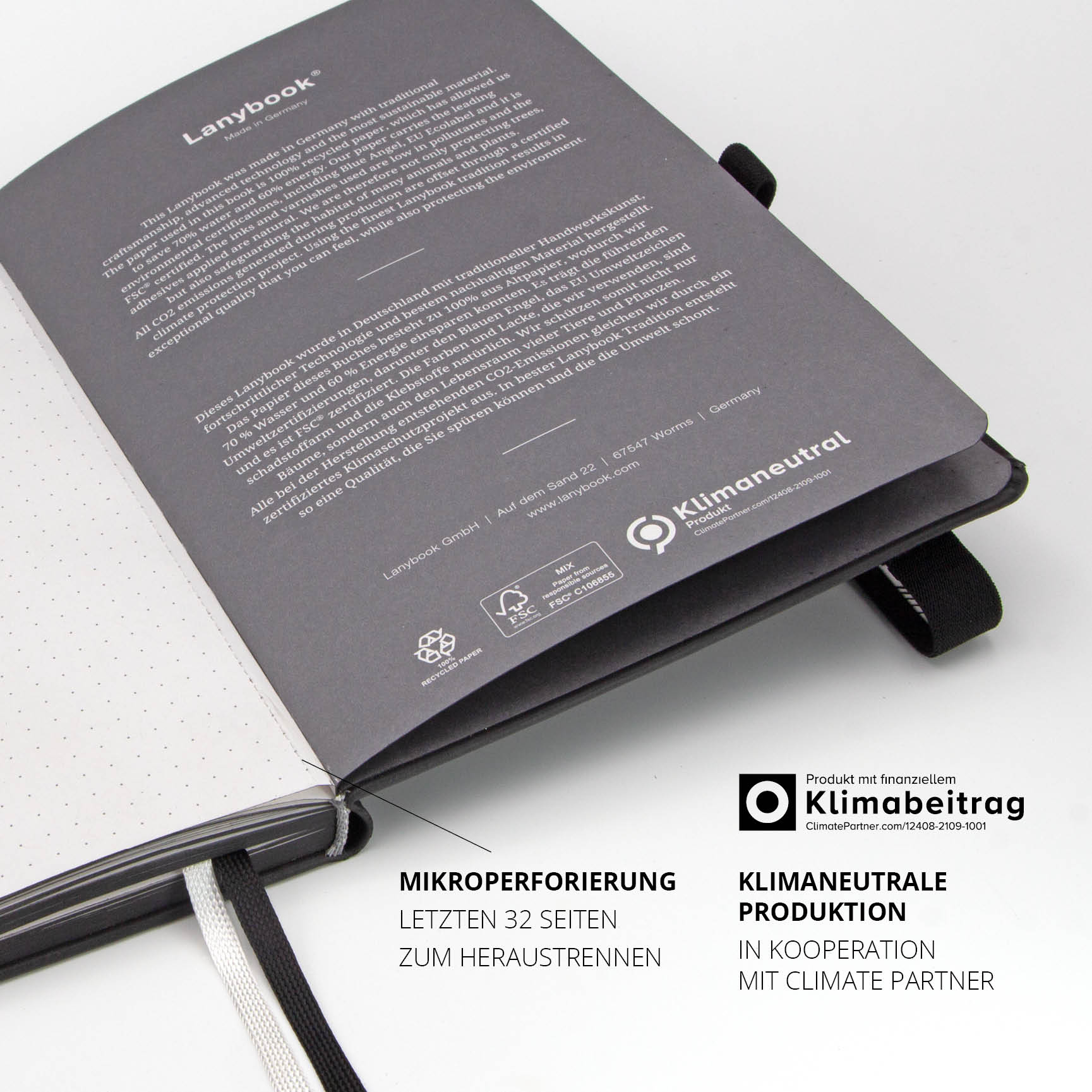 Klimaneutrales Notizbuch mit FSC-zertifiziertem Papier. Nachhaltige Produktion in Kooperation mit ClimatePartner. Ideal für nachhaltige Unternehmen.