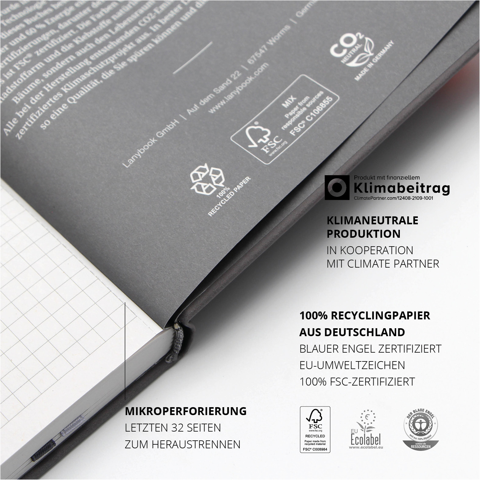 Blick auf die Innenseite des Lanybook® Nature mit klimaneutraler Produktion, FSC- und Blauer-Engel-Zertifizierung sowie Mikroperforierung der letzten Seiten zum Herauslösen.