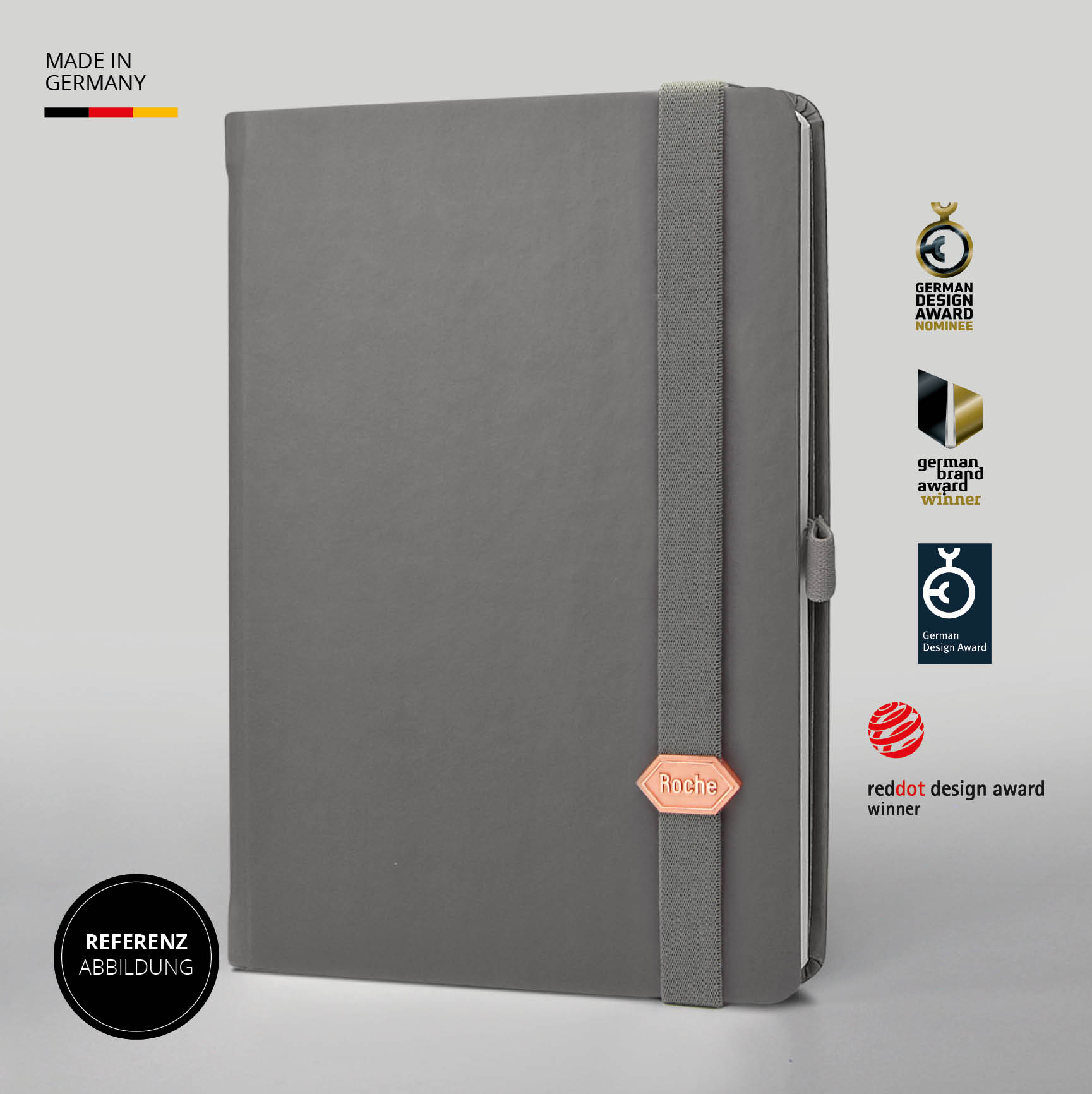 Graues Roche Notizbuch mit elastischem Verschlussband. Edles Design, nachhaltig in Deutschland produziert.