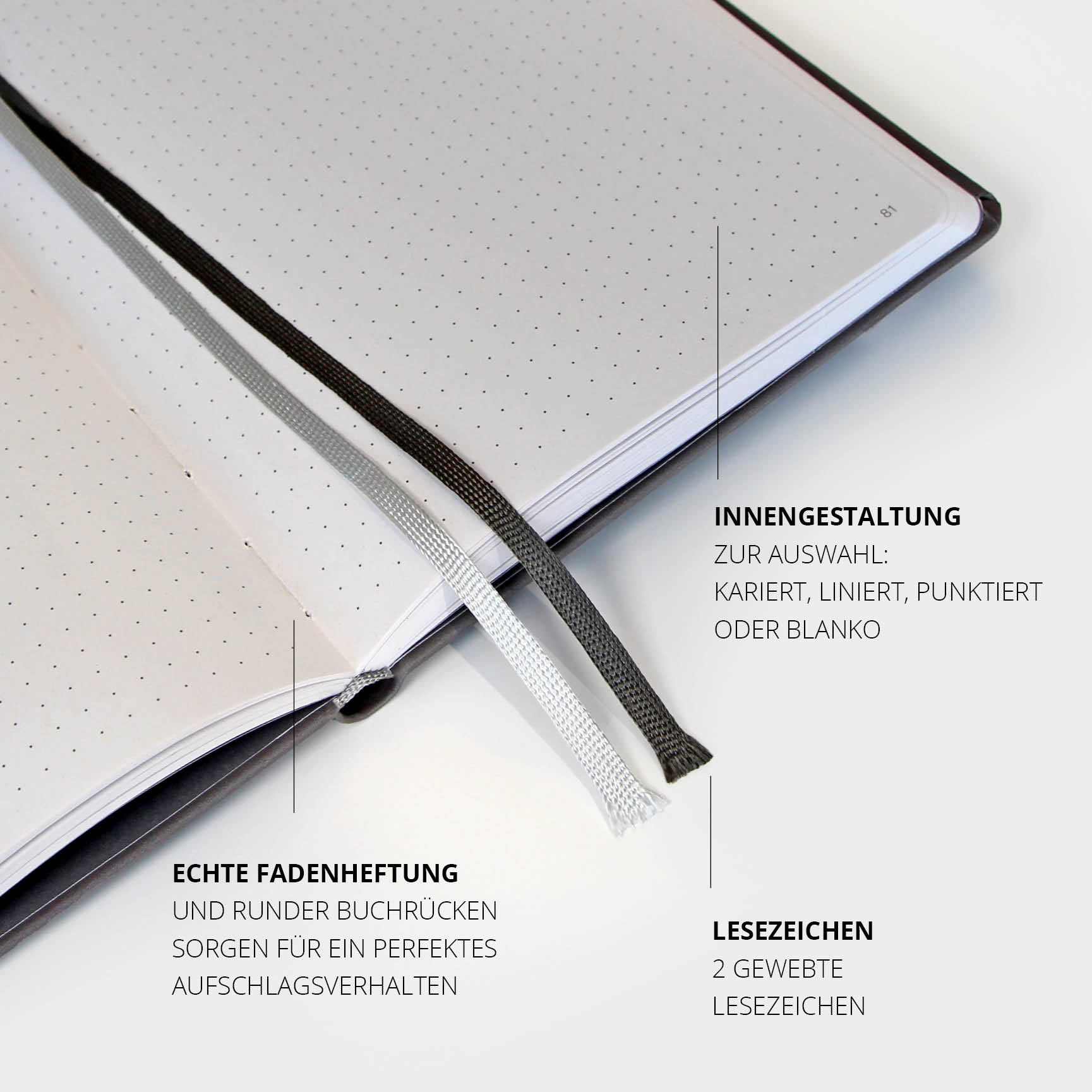 Offenes Notizbuch mit punktiertem Papier, zwei Lesezeichen und echter Fadenheftung für optimale Haltbarkeit.