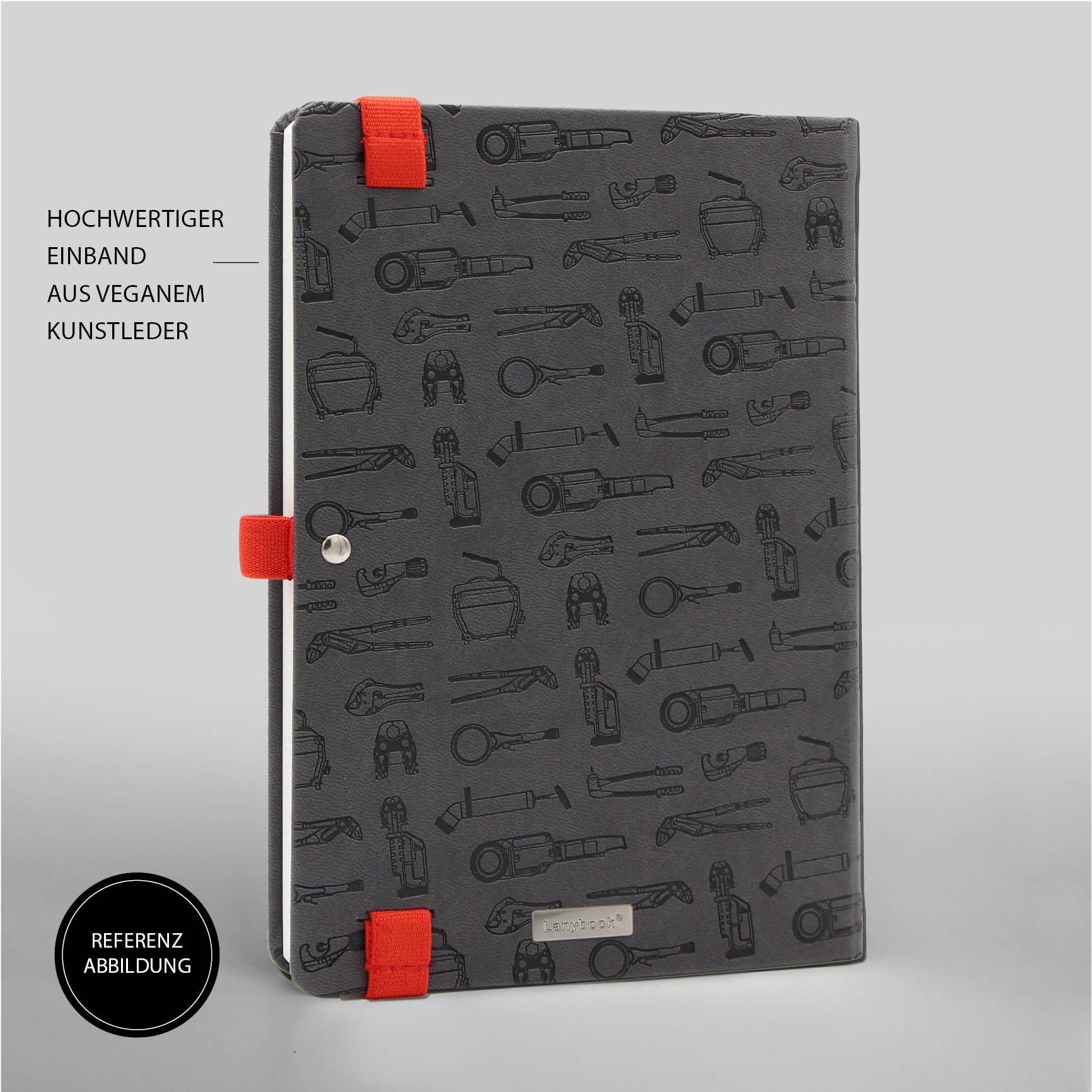 Hochwertiges Rothenberger Notizbuch in Schwarz mit rotem Gummiband und Werkzeug-Prägung, veganem Kunstleder-Einband.