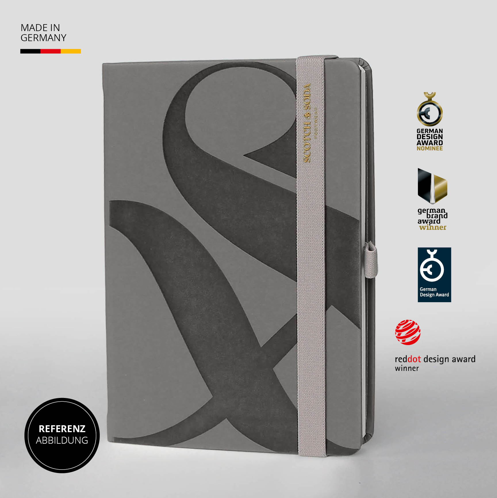 Scotch & Soda Notizbuch in Grau mit Prägung und elastischem Band, ausgezeichnet mit mehreren Design Awards.