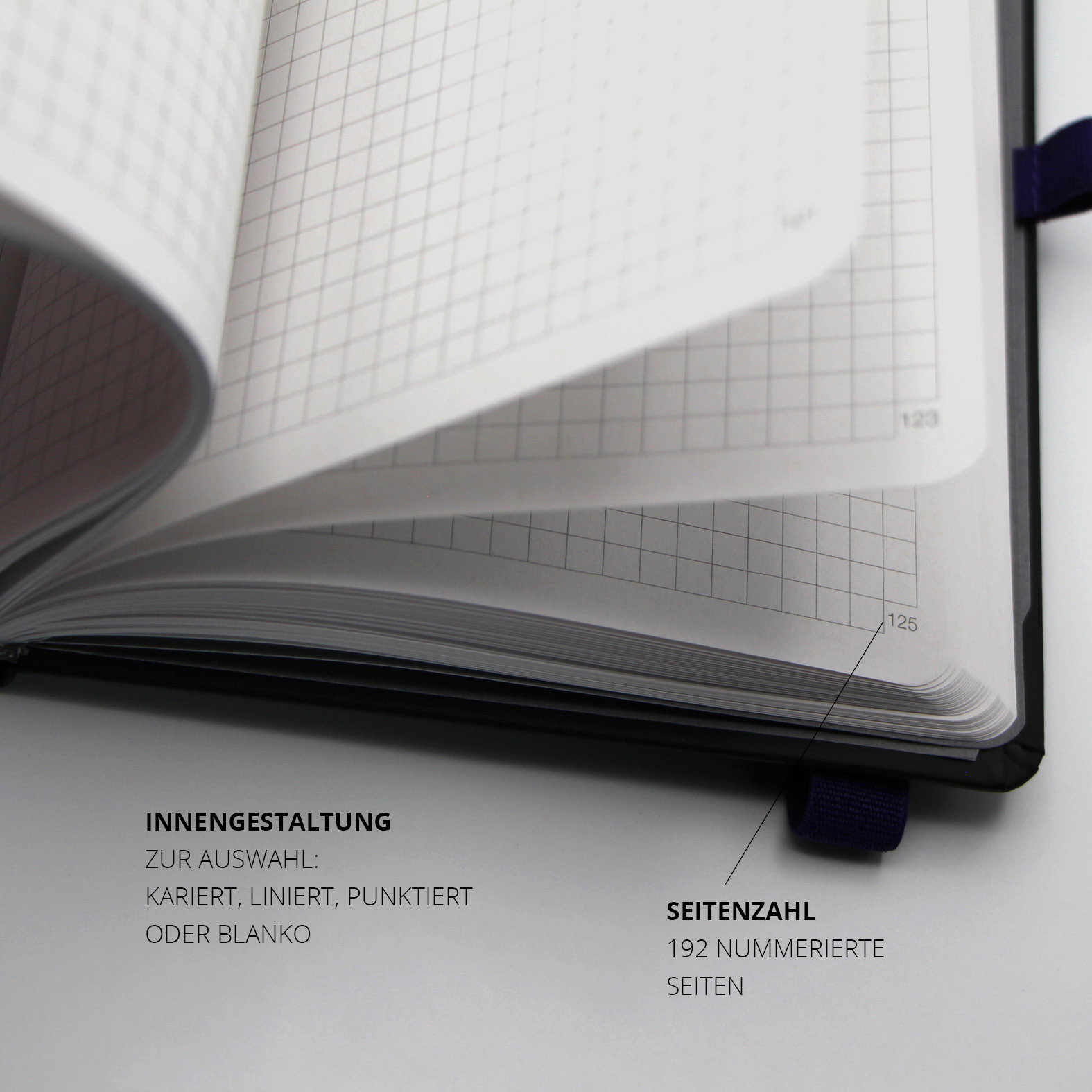 Detailaufnahme der Innenseiten mit nummerierten karierten Seiten. Die Seitenzahl ist am unteren Rand gut sichtbar.