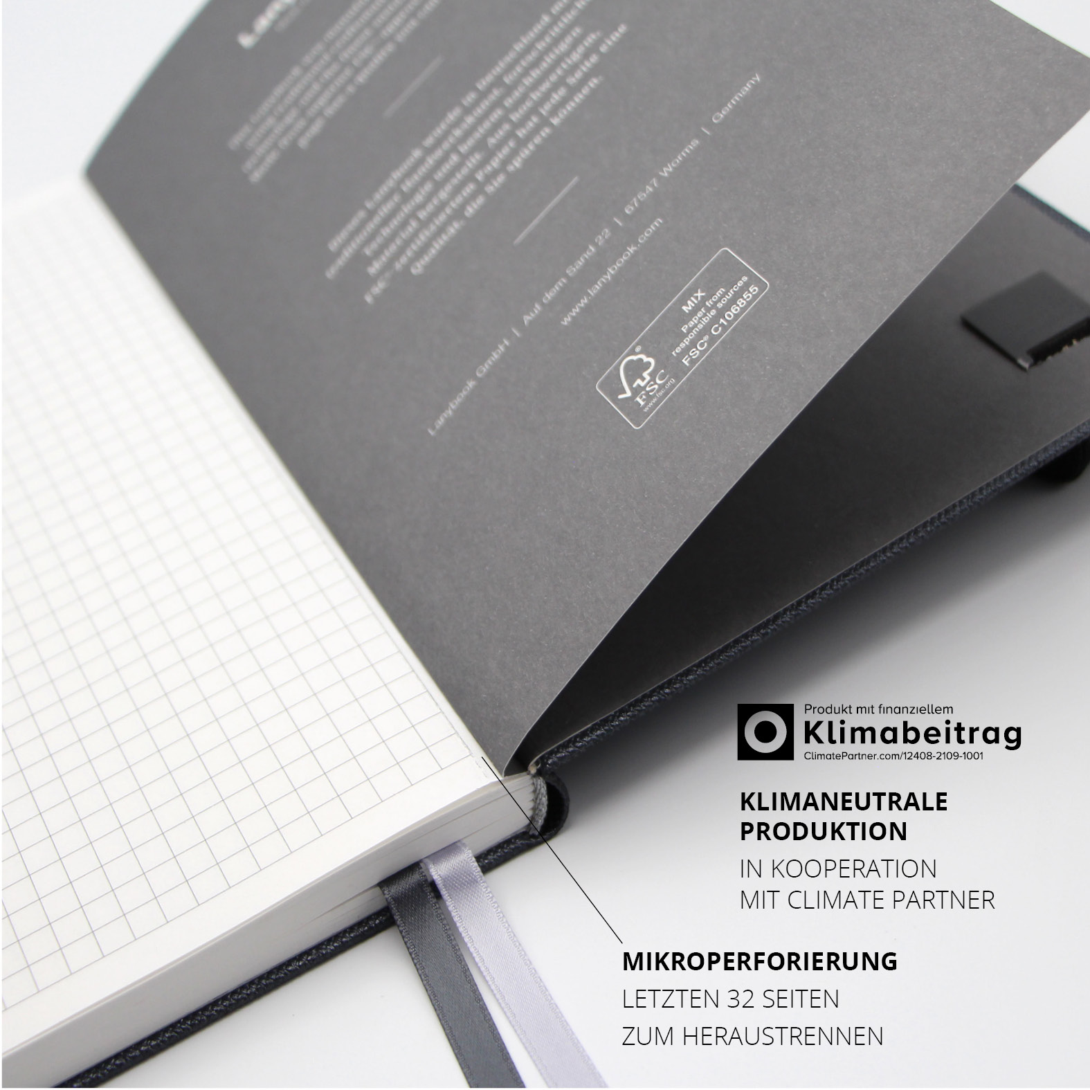 Letzte 32 Seiten mikroperforiert zum Herauslösen, FSC-Papier, klimaneutral produziert mit ClimatePartner