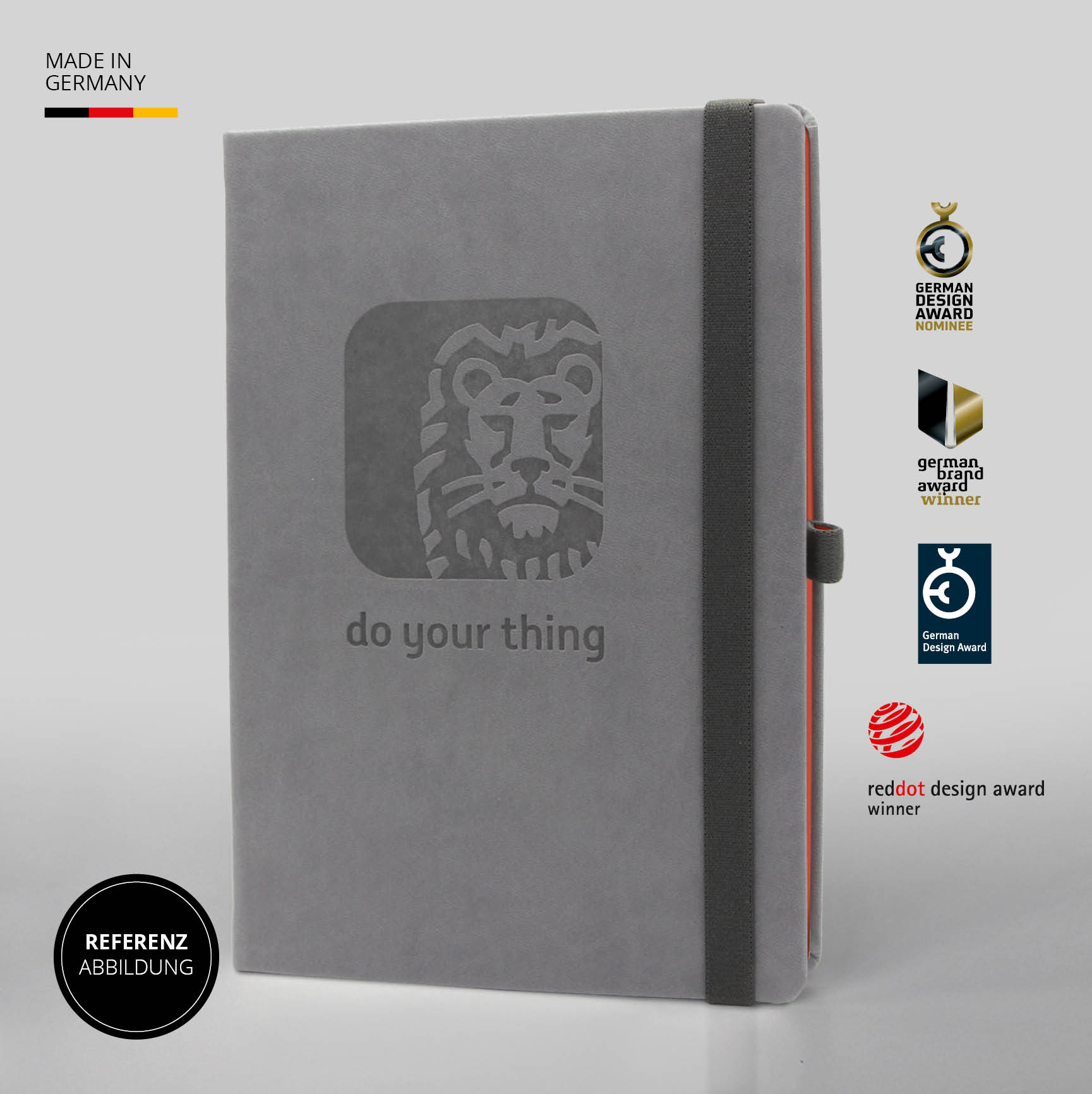 ING Notizbuch in Grau mit geprägtem Logo – Stilvolles Design mit schwarzem Lanyband® und hochwertigem veganem Kunstleder.