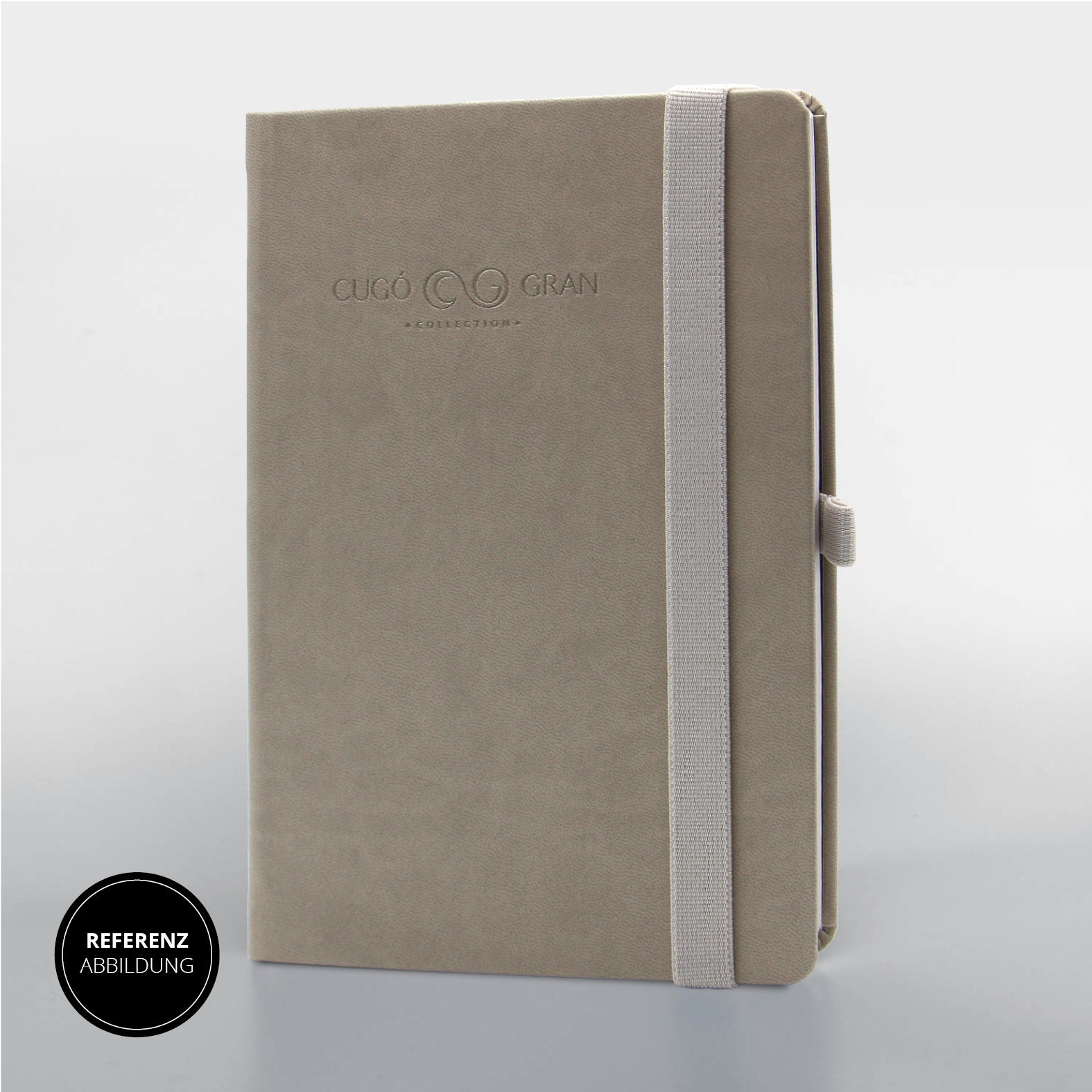Lanybook® Notizbuch mit veganem Kunstledercover in Beige, Logoprägung „CUGÓ GRAN“ und farblich passendem Lanyband®.