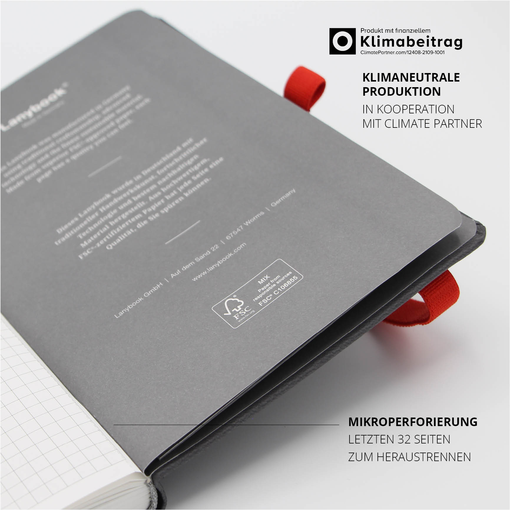 Schwarzes Fischer Notizbuch mit rotem Lanyband® und FSC-Zertifizierung – Klimaneutrale Produktion mit Climate Partner.