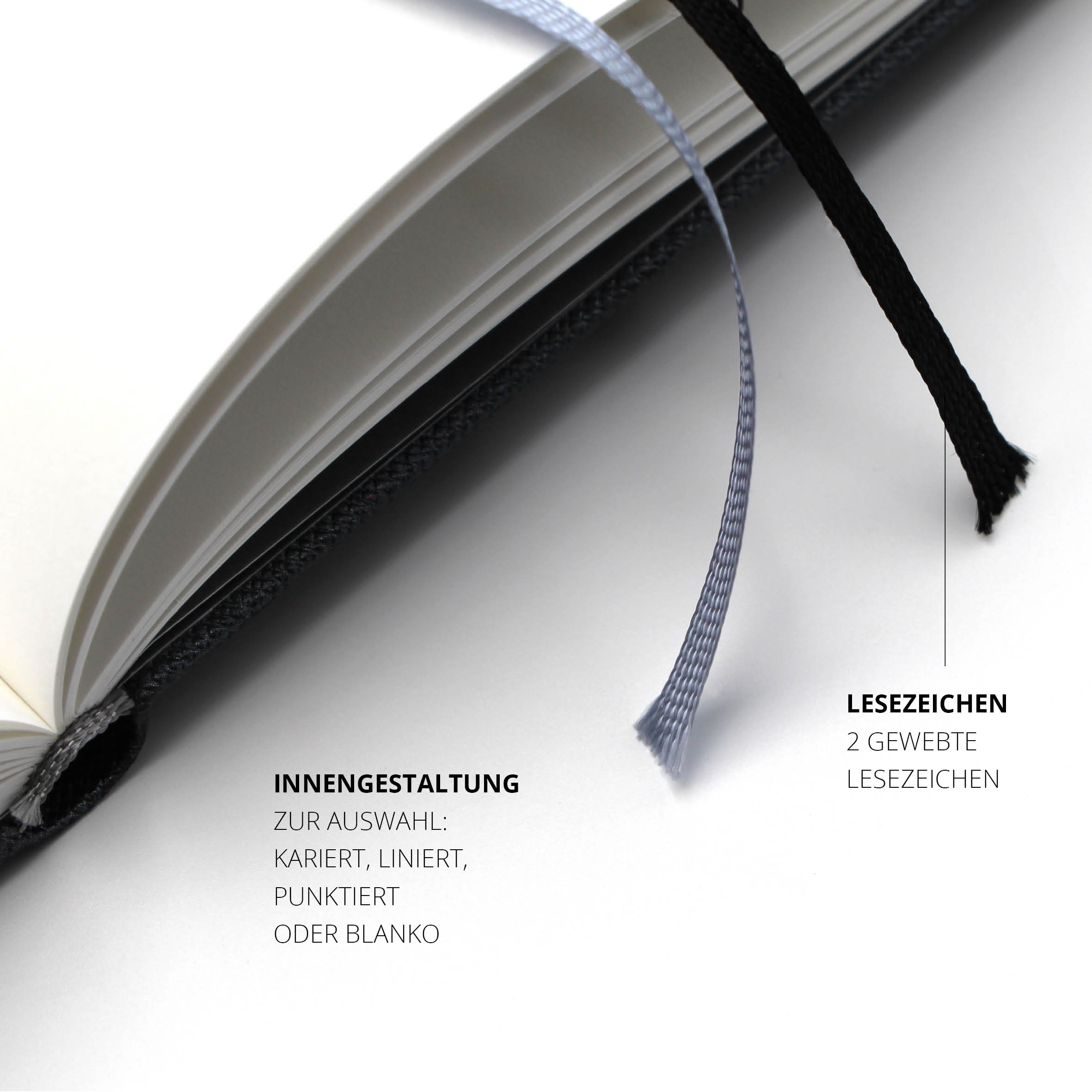 Lanybook Notizbuch mit zwei gewebten Lesezeichen und individuell wählbarer Innengestaltung