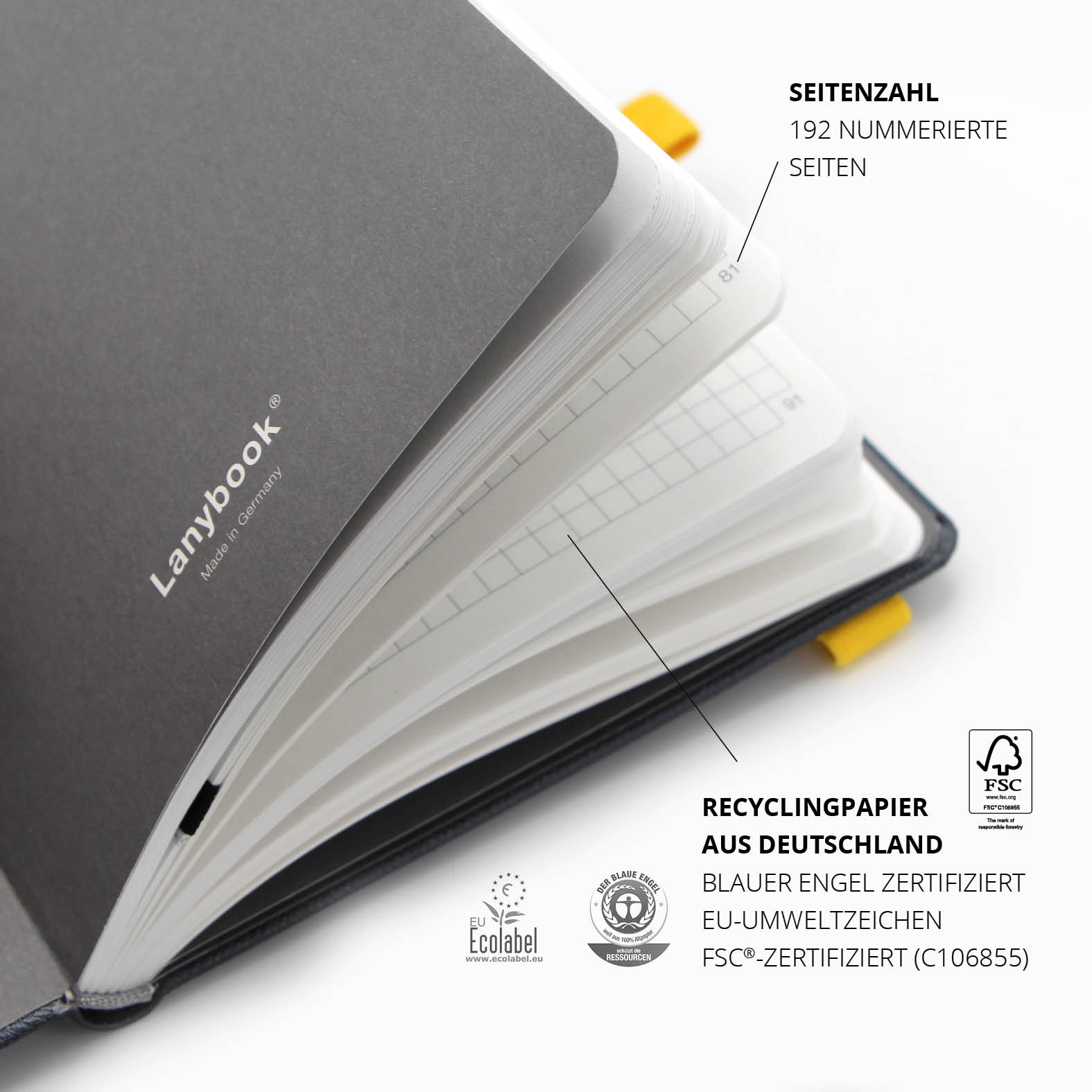 SAP Notizbuch geöffnet mit Recyclingpapier aus Deutschland und Seitenzahl bei Seite 81.