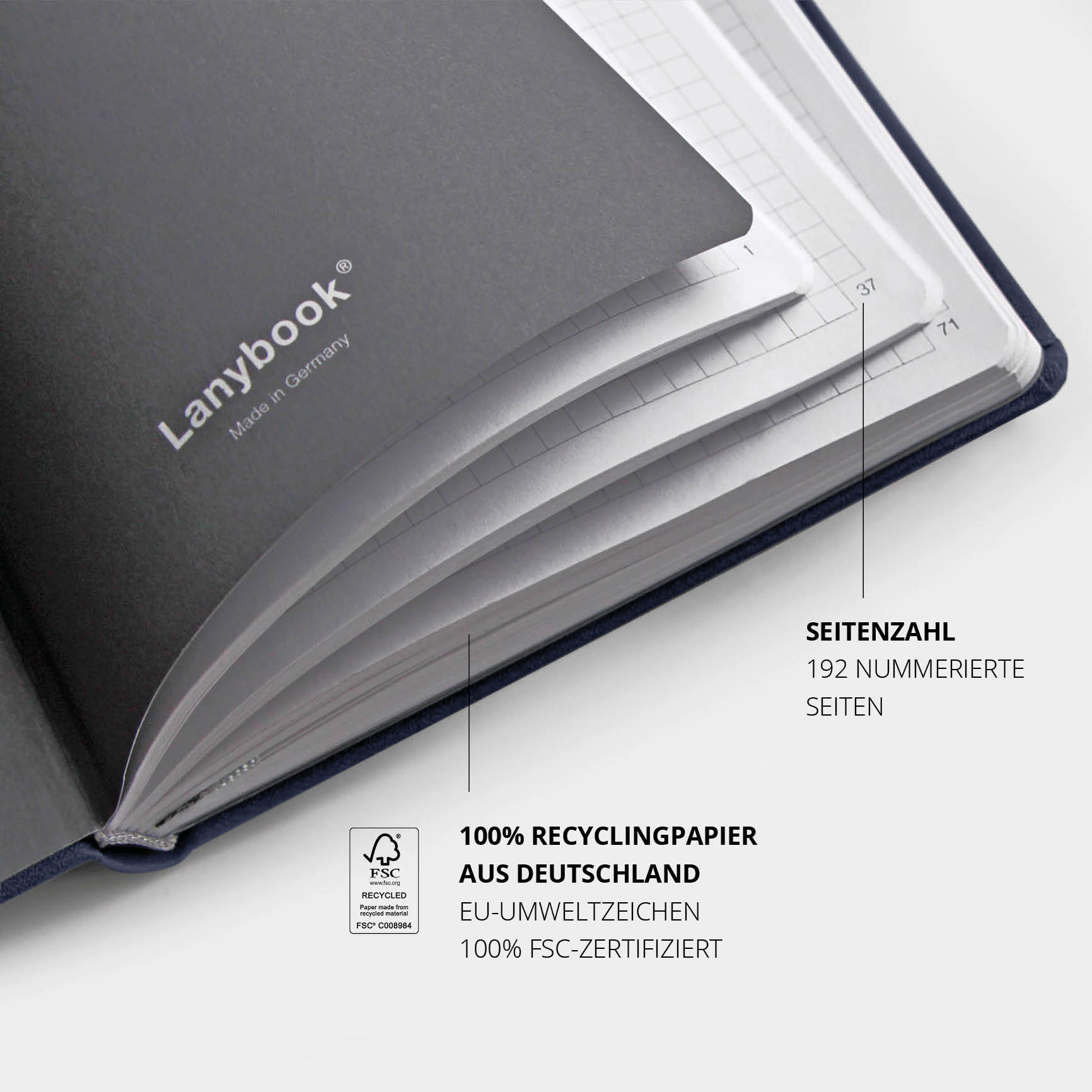 Hochwertiges Lufthansa Notizbuch mit FSC-zertifiziertem Recyclingpapier – 192 nummerierte Seiten, umweltfreundlich produziert in Deutschland. Perfekt für nachhaltige Notizen.