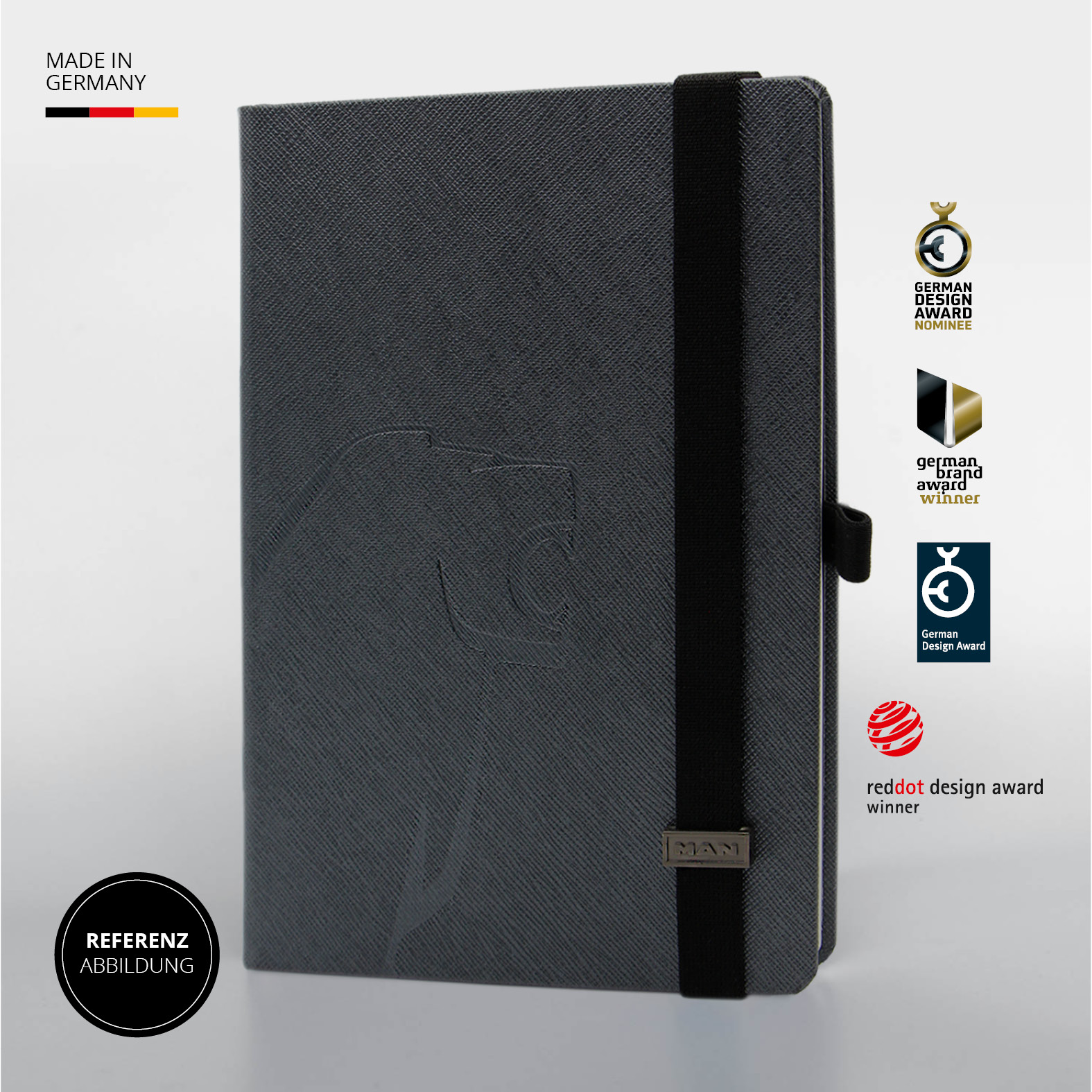 Lanybook® Notizbuch mit MAN-Prägung, schwarzem Lanyband und Auszeichnungen wie Red Dot Design Award und German Design Award, Made in Germany