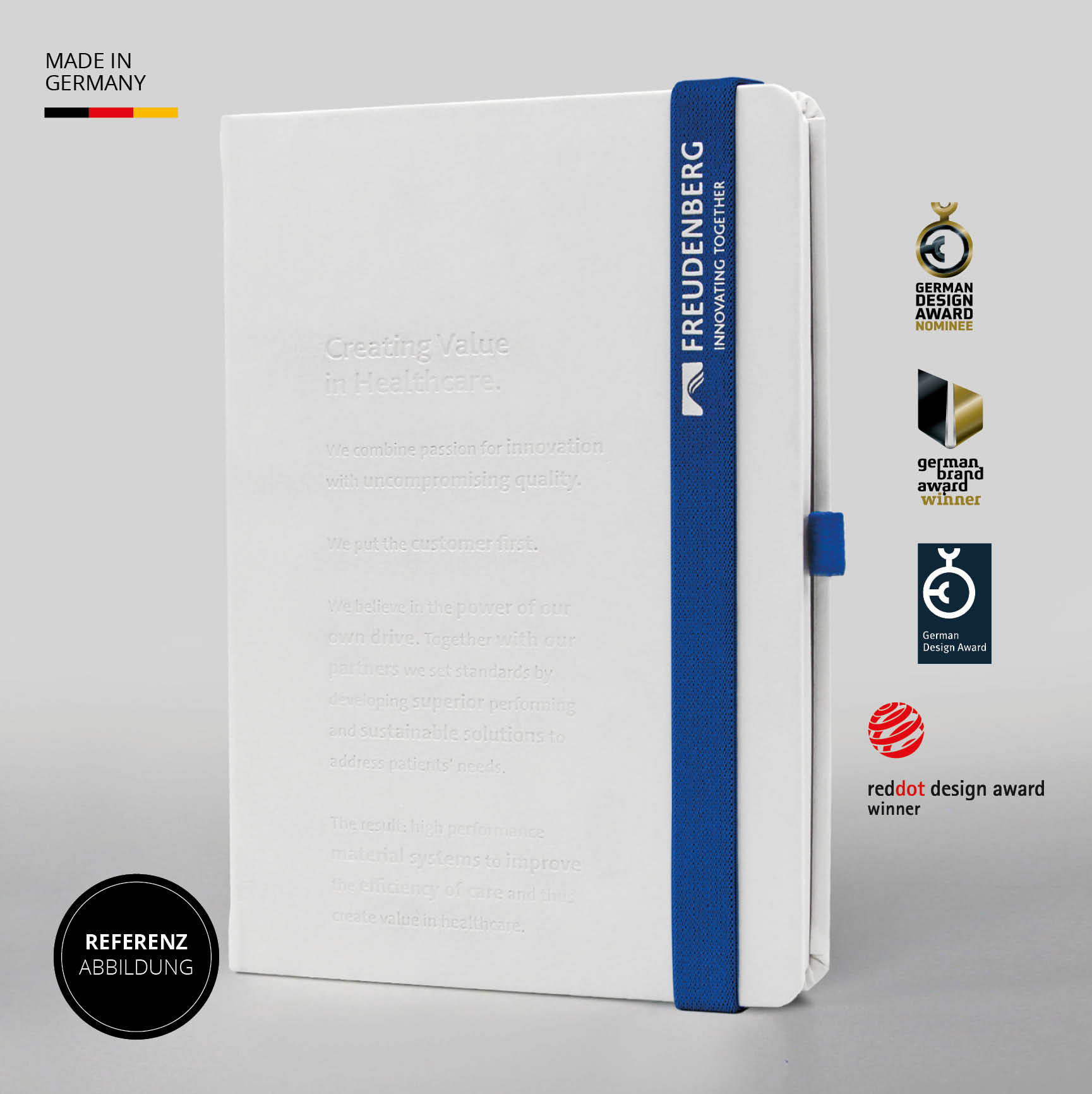 Weißes Freudenberg Notizbuch Made in Germany – Hochwertiges Notizbuch mit veganem Kunstleder, umweltfreundlicher Produktion und Design-Awards.