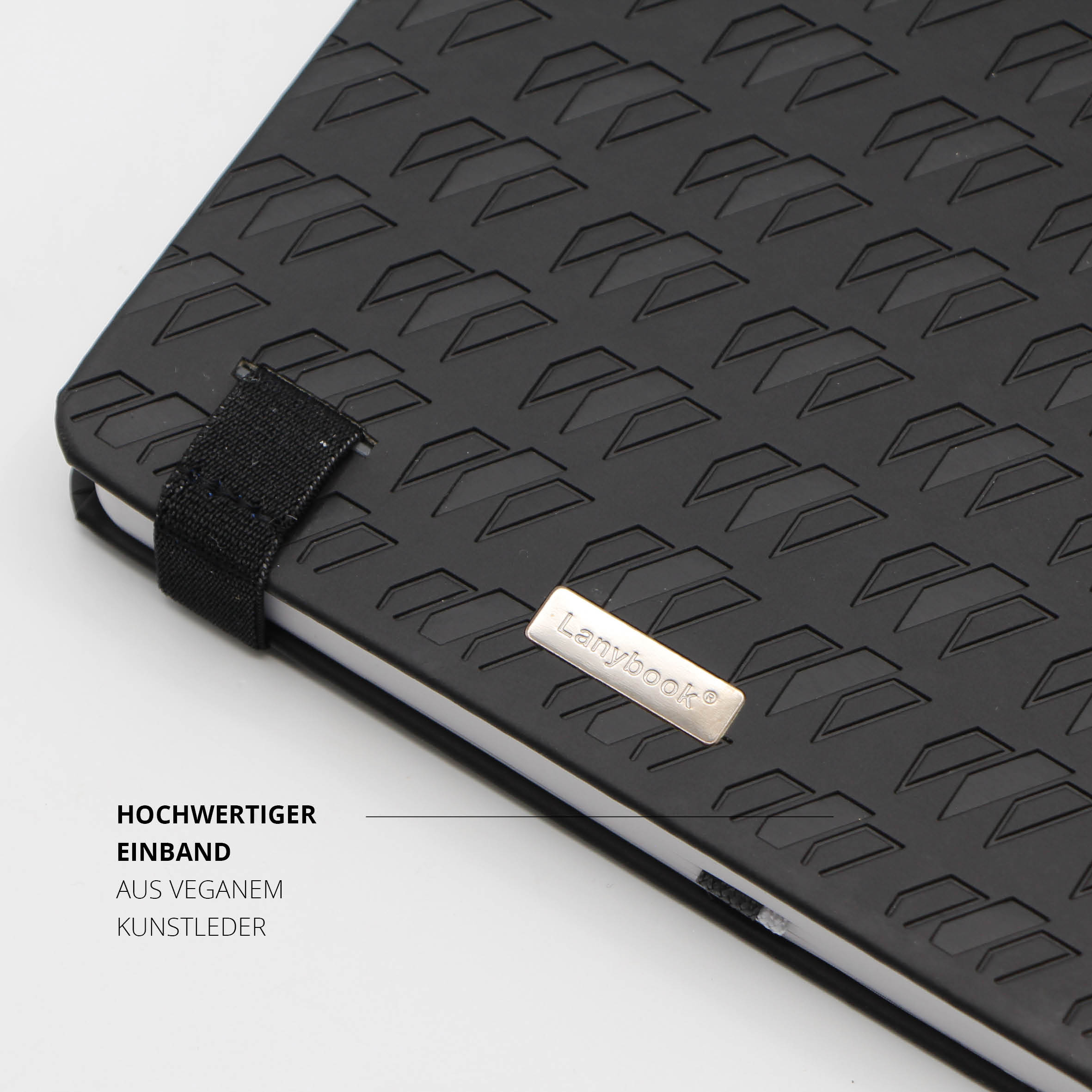 Schwarzes Lanybook® Notizbuch mit hochwertigem veganem Kunstleder-Einband und individueller Logo-Prägung