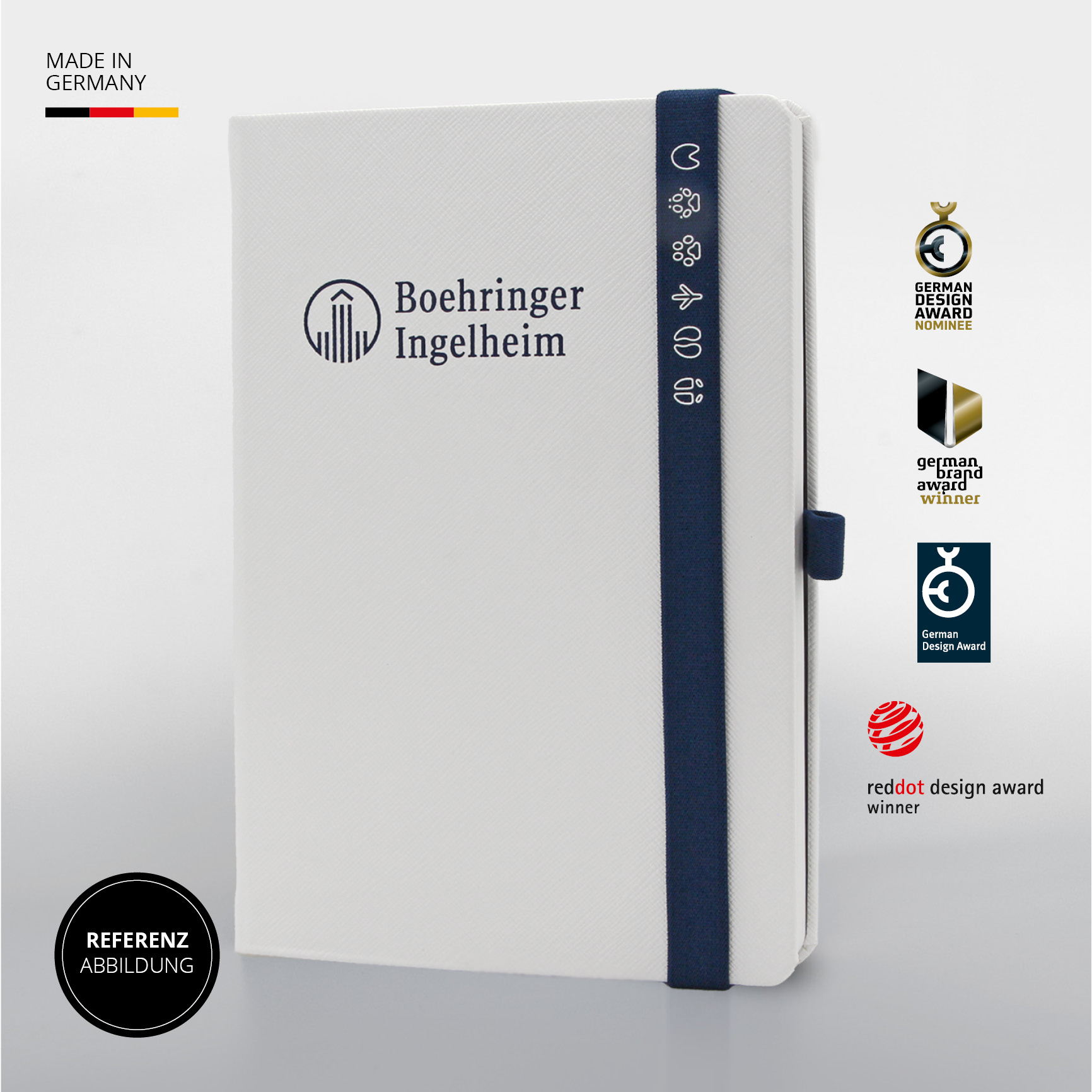 Boehringer Ingelheim Notizbuch mit edler Logo-Prägung. Hergestellt in Deutschland, Gewinner renommierter Designpreise.