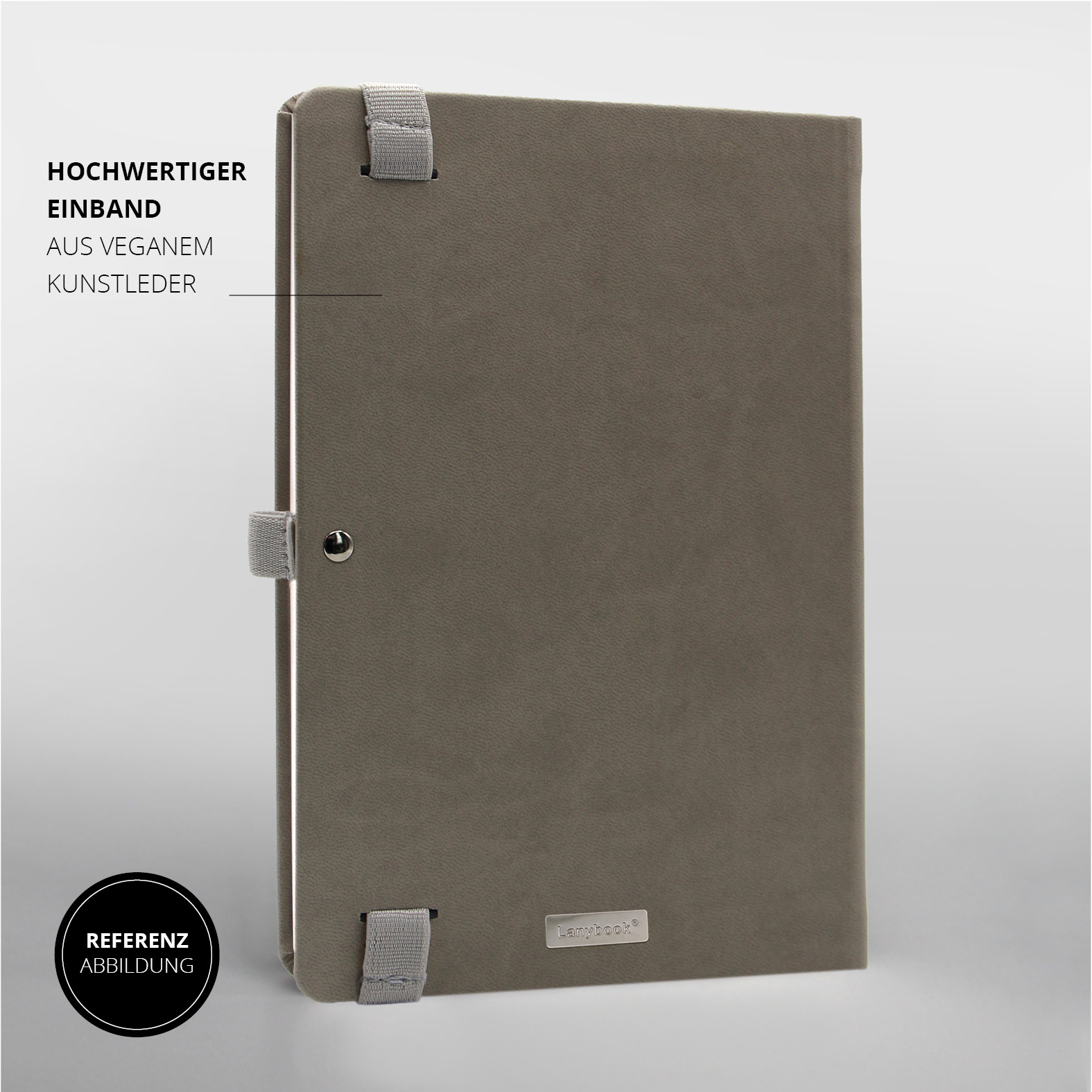 Gesamtansicht der Notizbuch-Rückseite mit elastischen Halteschlaufen, Lanybook®-Plakette und silberner Öse.