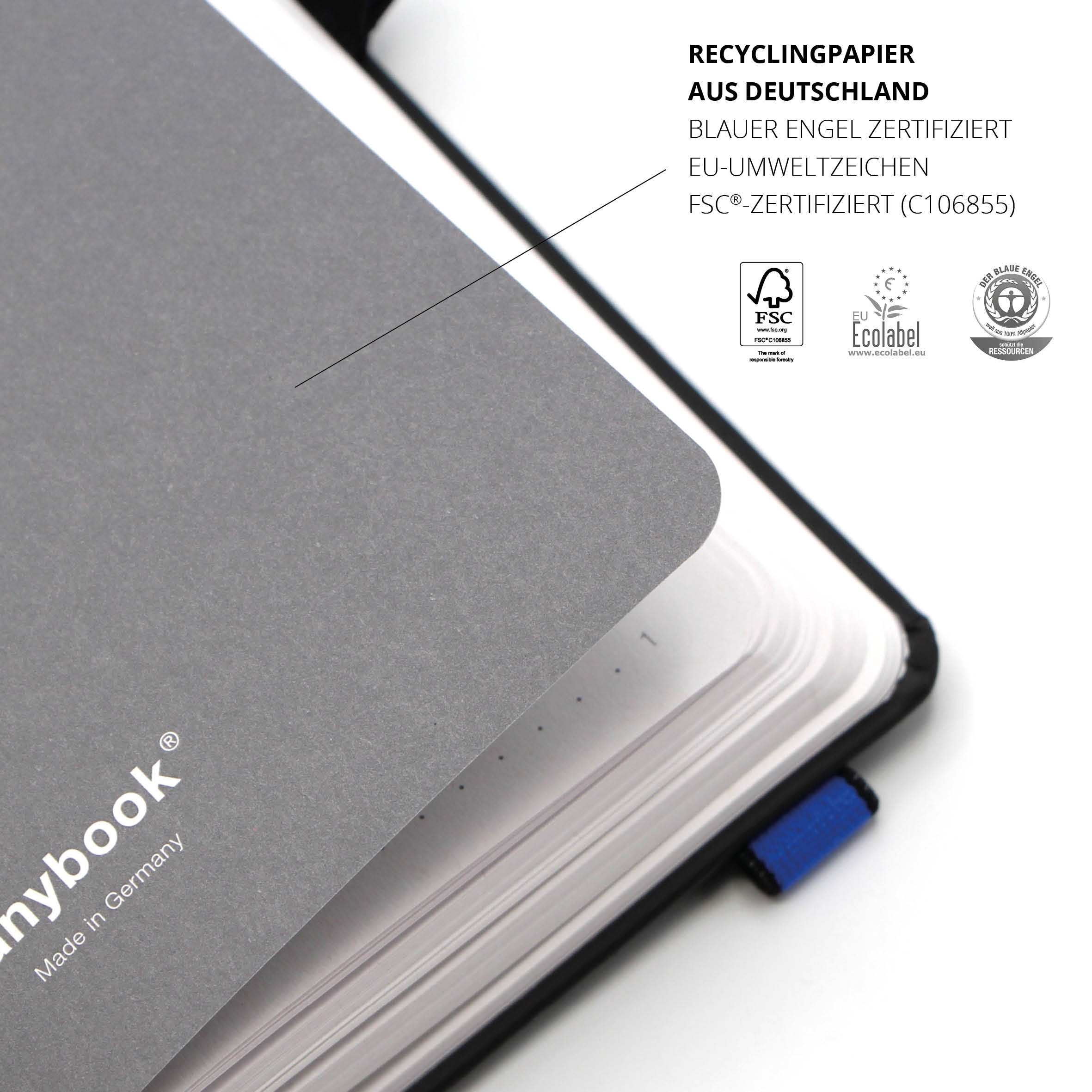 Nachhaltiges Lanybook® Notizbuch mit Recyclingpapier aus Deutschland, FSC-zertifiziert und mit Blauem Engel
