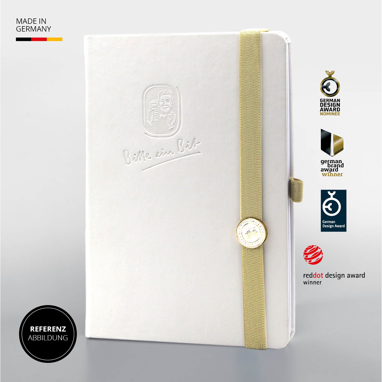 Weißes Notizbuch von Lanybook® mit Logo „Bitte ein Bit“ und beigem Lanyband mit Button, mit Auszeichnungen,Made in Germany.