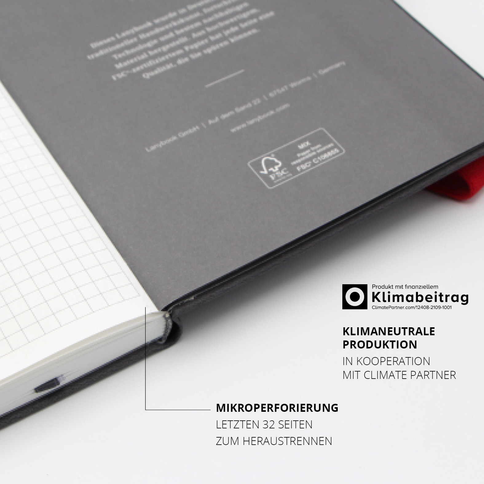 Detailansicht der letzten Seiten mit Mikroperforierung zum Herauslösen, klimaneutrale Produktion mit ClimatePartner-Label