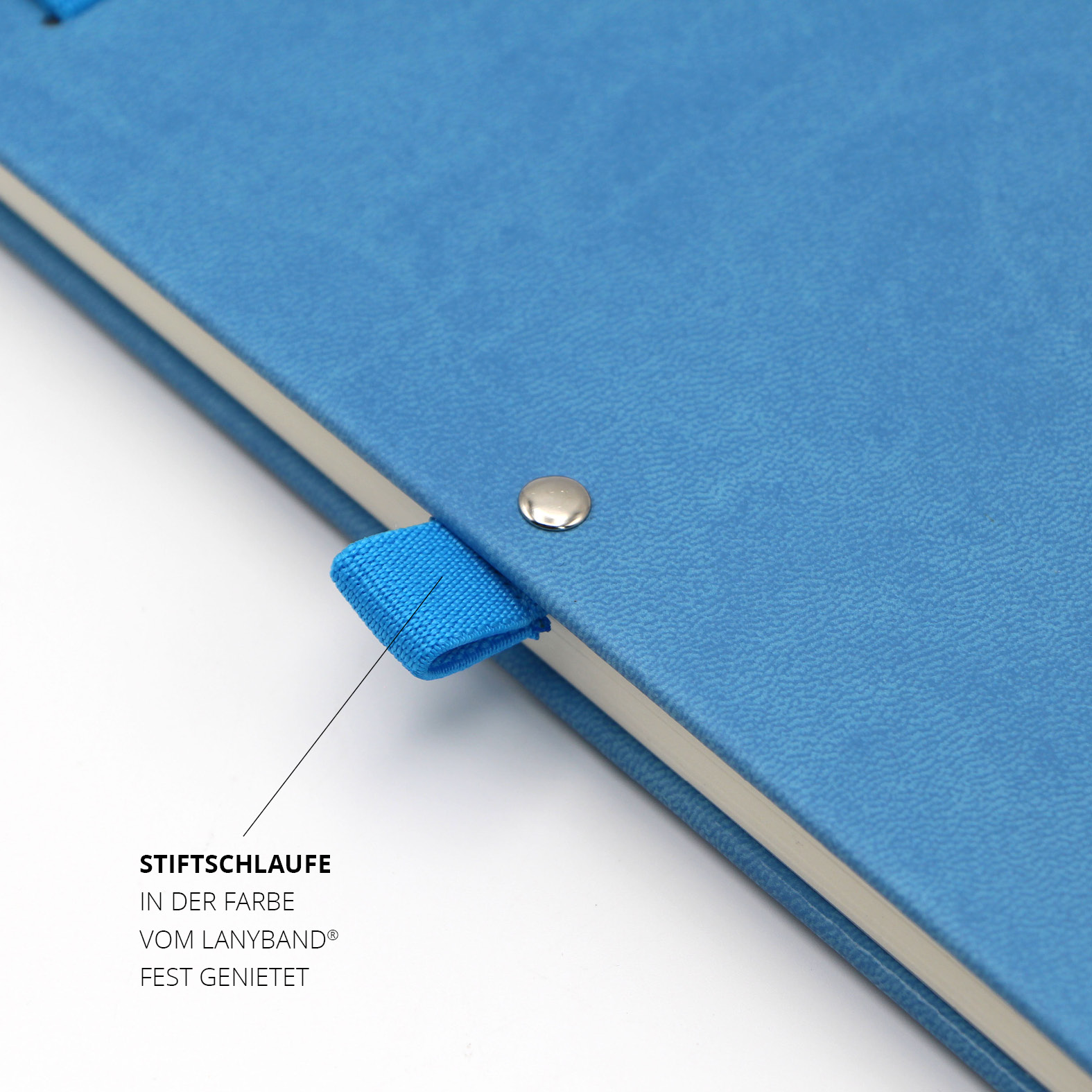 Detailansicht der vernieteten Stiftschlaufe in Blau – exakt abgestimmt auf das Lanyband®.