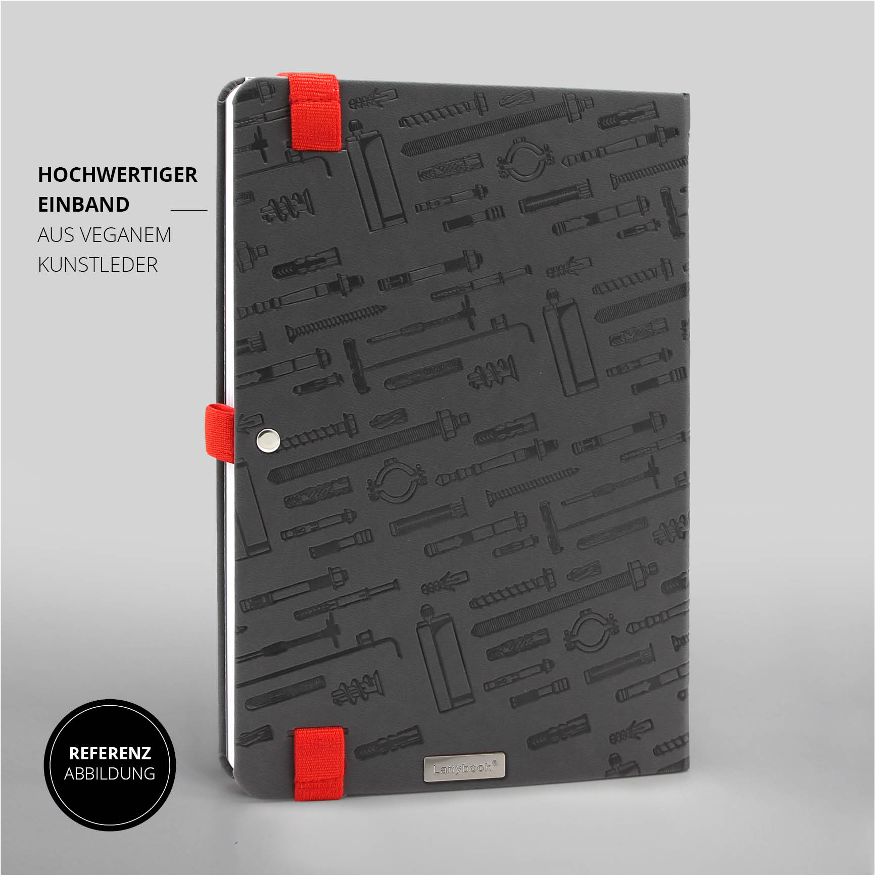 Fischer Notizbuch Einband – Hochwertiges, schwarzes Notizbuch aus veganem Kunstleder mit roten Stiftschlaufen und Metallapplikation.