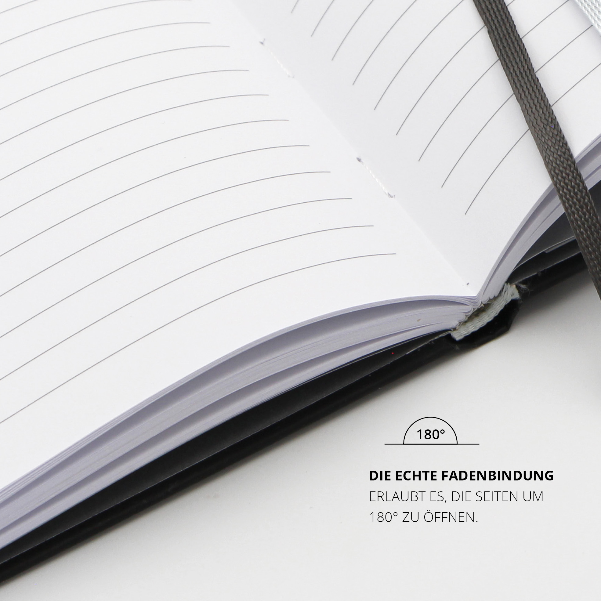 Notizbuch-Innenseiten mit Fadenbindung – 180° aufschlagbar und liniertes Layout.