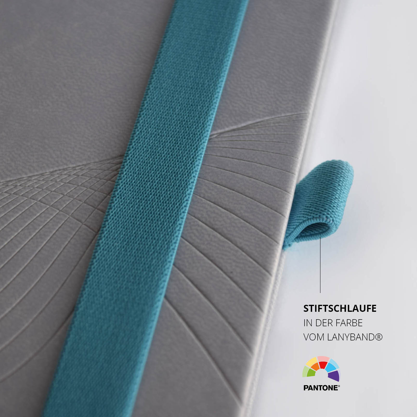 Siemens-Notizbuch mit elastischer Stiftschlaufe in Türkis – Funktionales Notizbuch mit nachhaltigem Lanyband® und praktischer Stifthalterung.