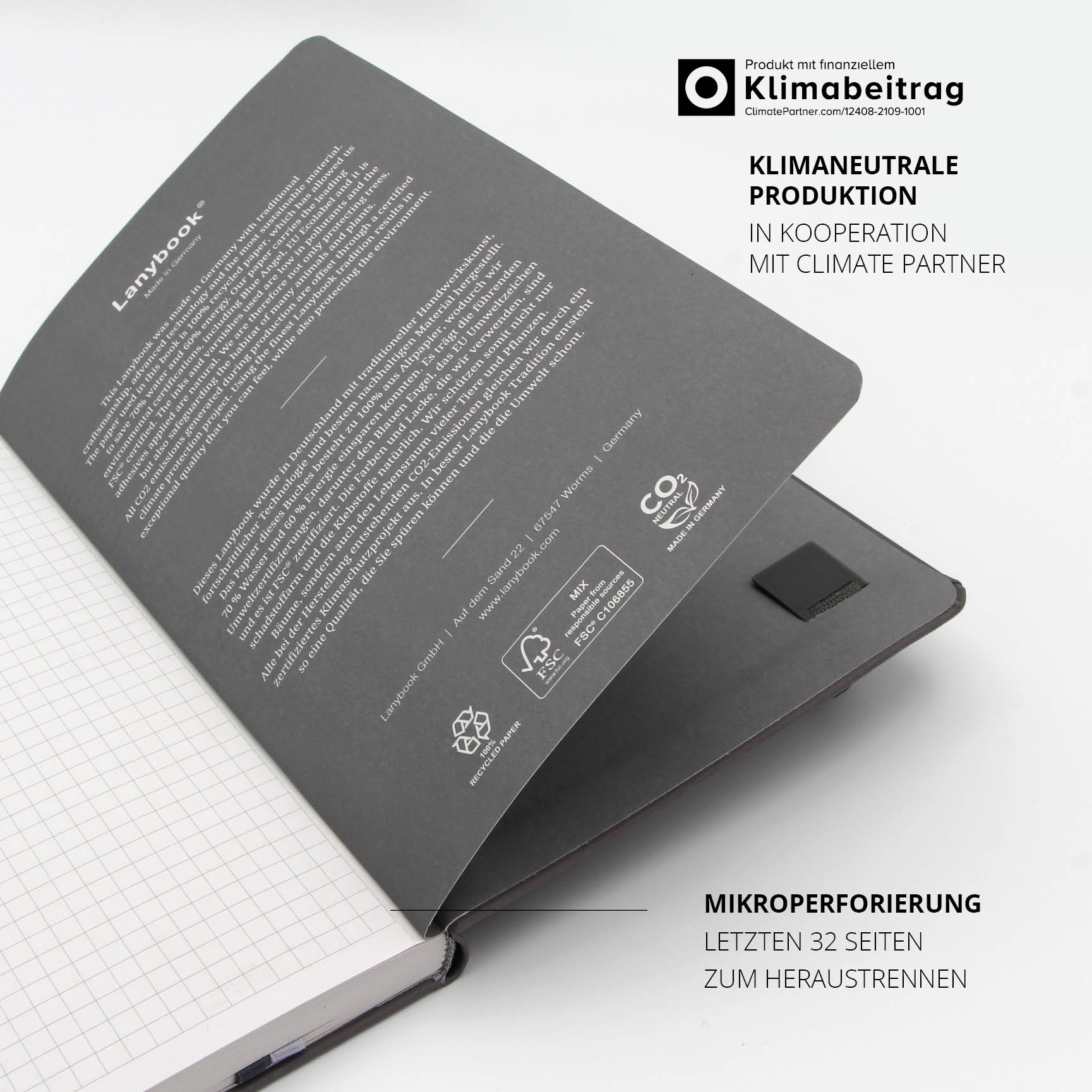 Hochwertiges Roche Notizbuch mit klimaneutraler Produktion. Letzte 32 Seiten mikroperforiert zum einfachen Heraustrennen.