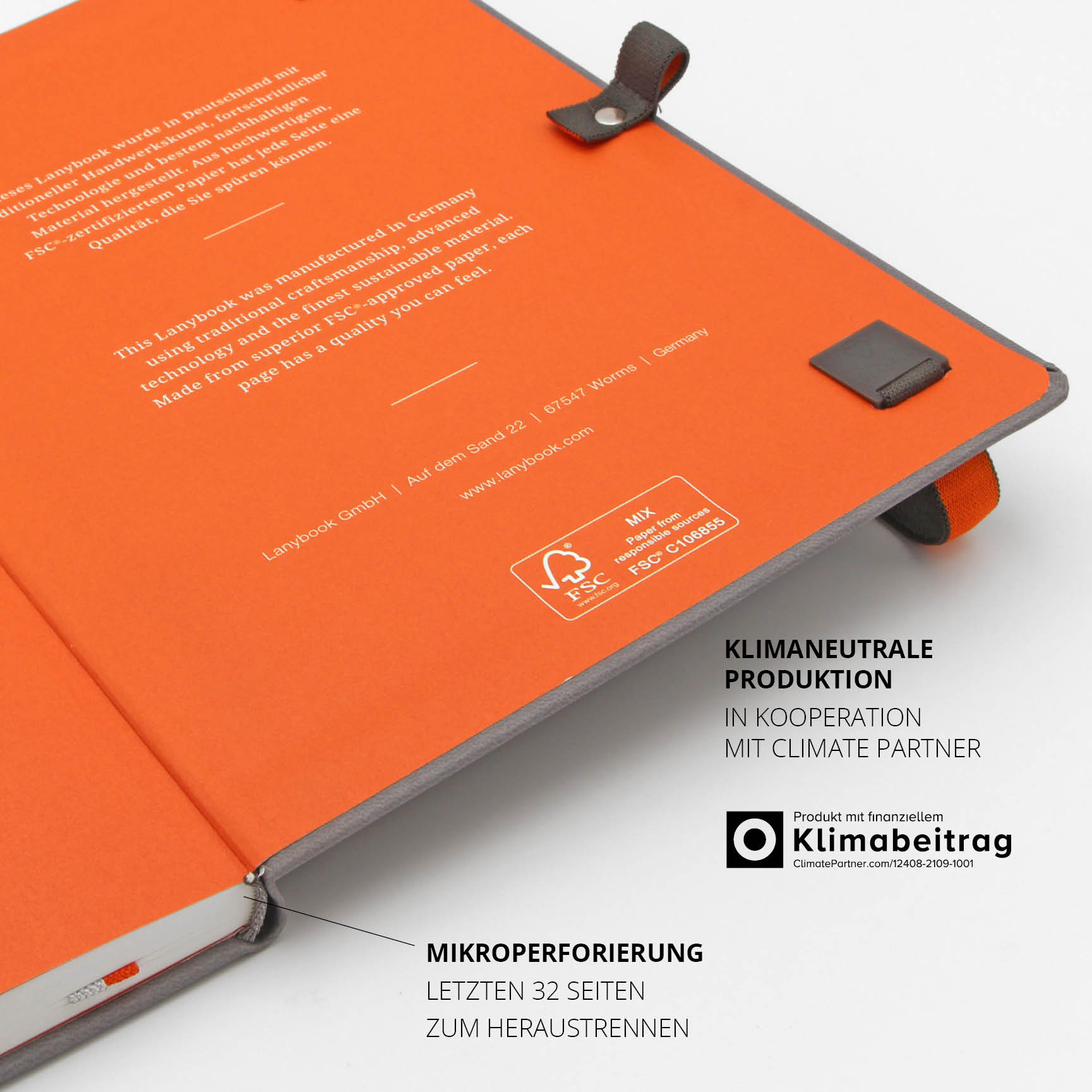 Nachhaltige Mikroperforierung im ING Notizbuch für herausnehmbare Seiten – Flexible Nutzung mit FSC-zertifiziertem Papier und Klimabeitrag.