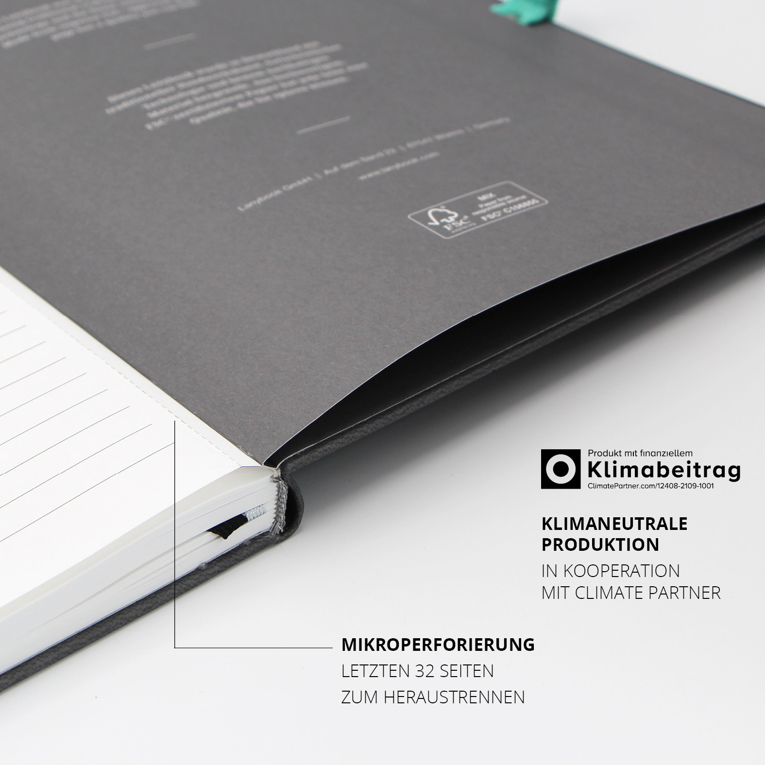 Detailaufnahme der letzten Seiten mit Mikroperforierung zum einfachen Heraustrennen – klimaneutral produziert mit ClimatePartner.