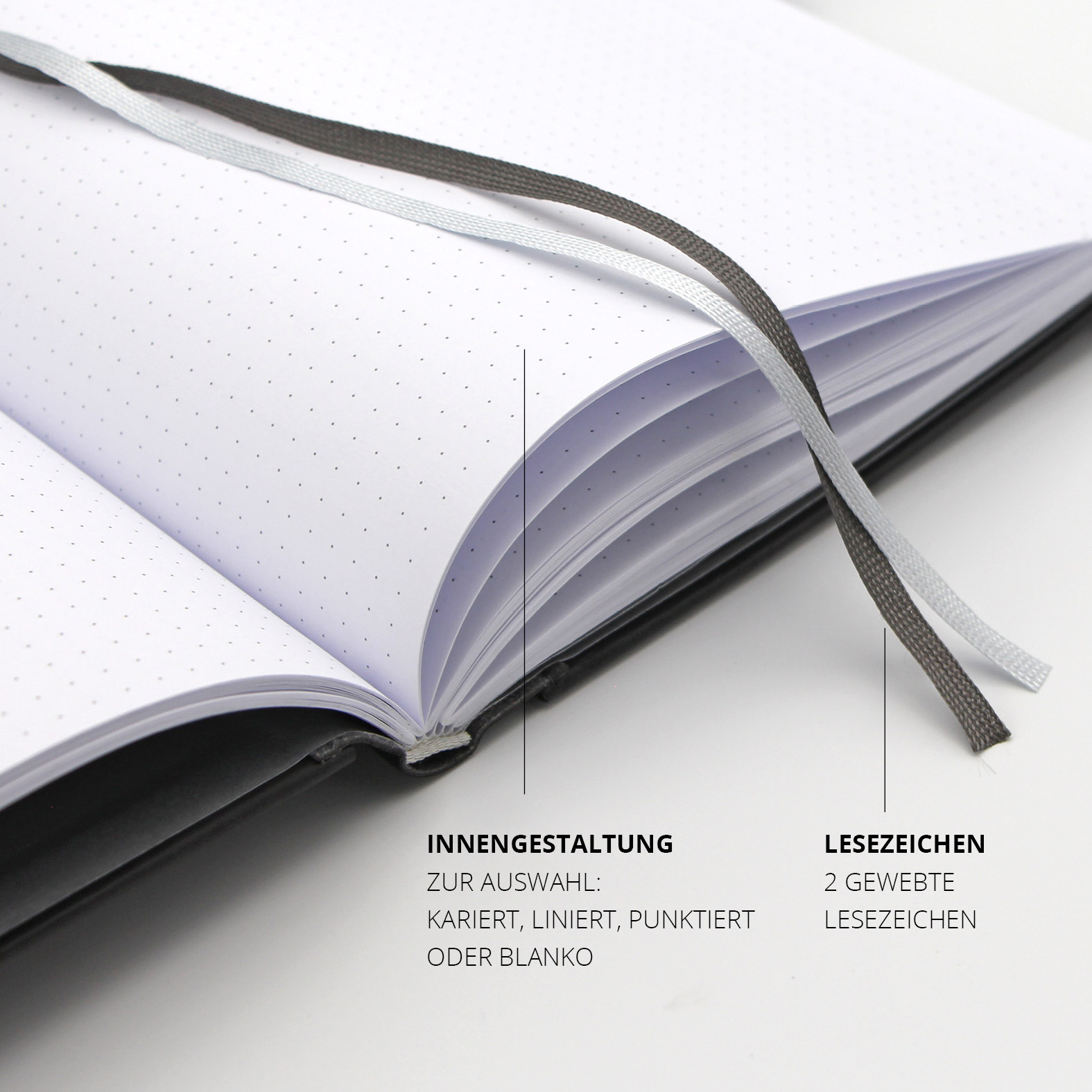 Exklusives Mercedes-Benz Notizbuch mit gepunkteten Seiten und zwei gewebten Lesezeichen. Individuell konfigurierbar für Business-Ansprüche.