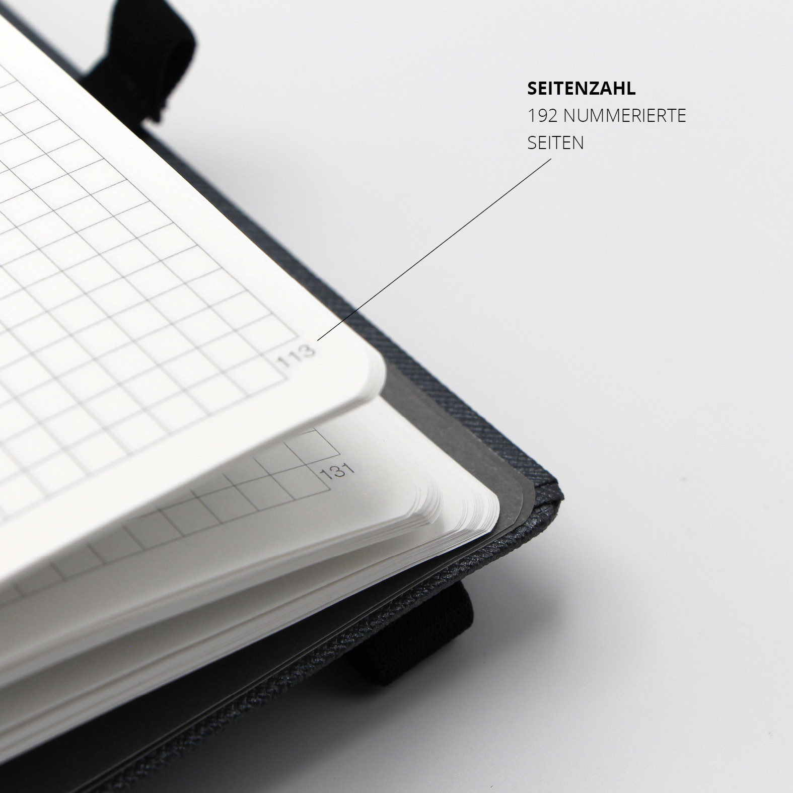 Blick ins geöffnete Lanybook® mit nummerierten karierten Seiten, hier Seite 113 sichtbar, sowie Detail der hochwertigen Fadenbindung.