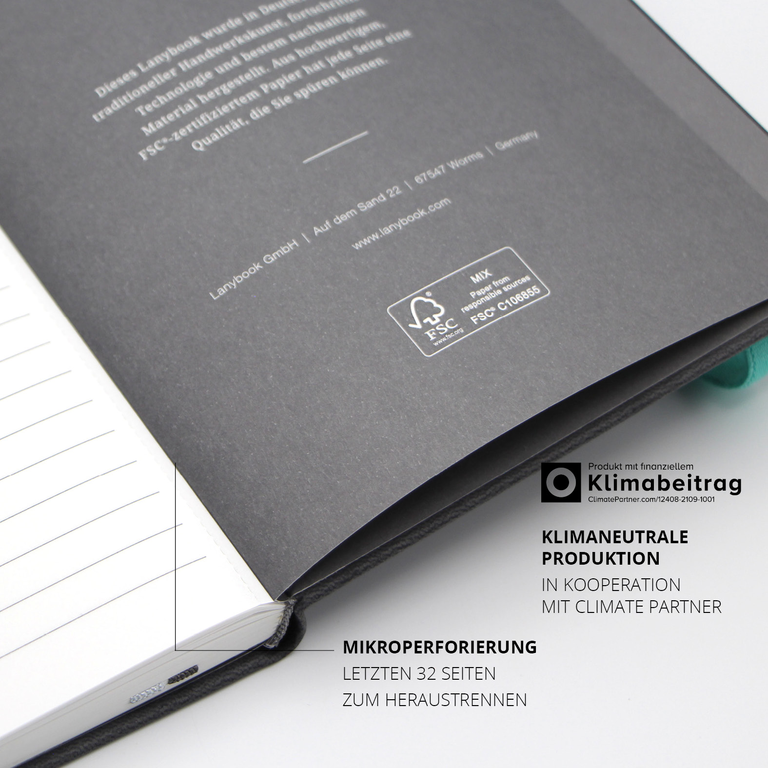 FSC-zertifiziertes Recyclingpapier mit Mikroperforierung der letzten 32 Seiten zum Herauslösen.