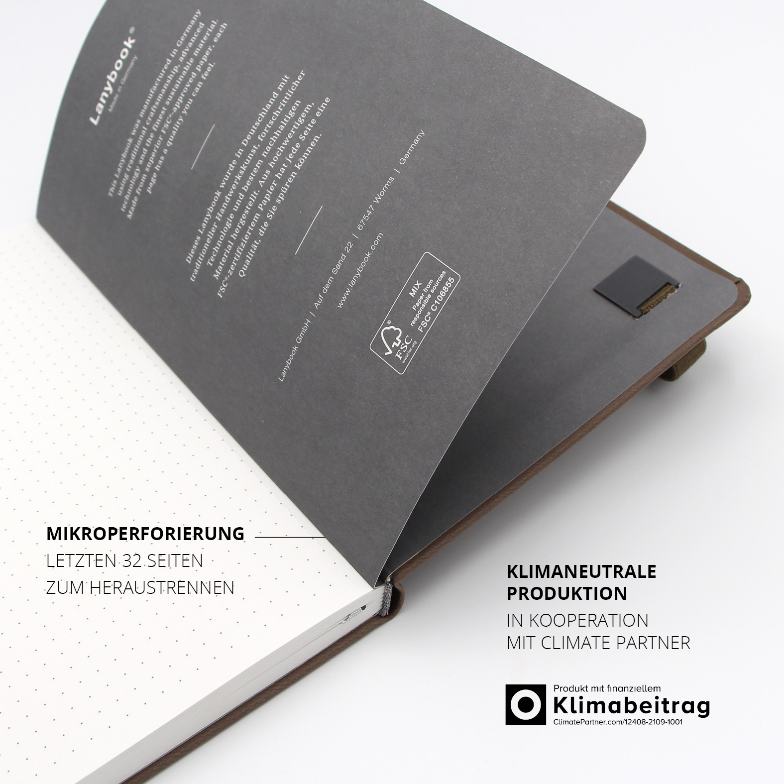 Letzte Seiten mit Mikroperforierung zum Herauslösen, klimaneutrale Produktion mit ClimatePartner-Logo.