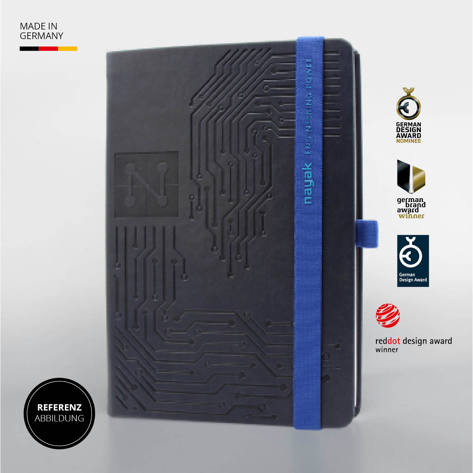 Lanybook® Pro Notizbuch mit dunkelblauem Einband aus veganem Kunstleder, strukturierter Prägung und blauem Lanyband®, Made in Germany, mehrfach ausgezeichnetes Design.