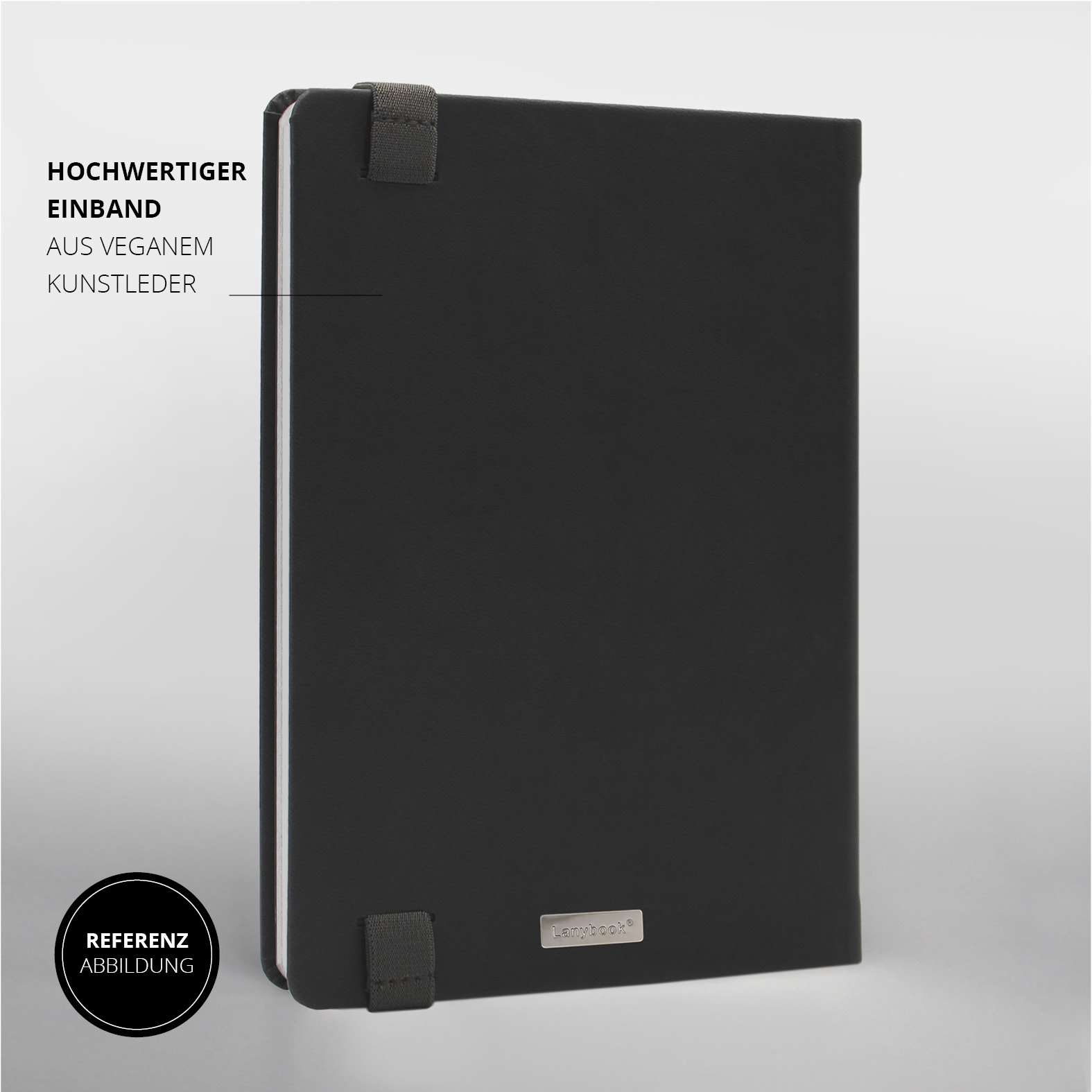 Komplette Rückseite des Lanybook® – minimalistisches Design mit zwei Stiftschlaufen und Metalletikett.