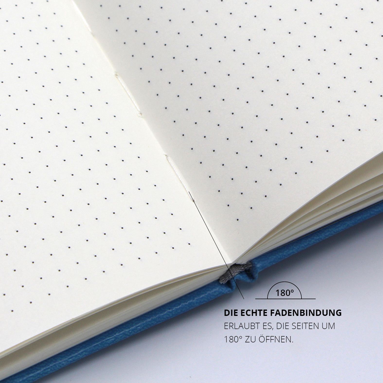 Aufgeschlagenes Notizbuch mit punktiertem Papier und echter Fadenbindung, die ein flaches Aufliegen der Seiten ermöglicht.