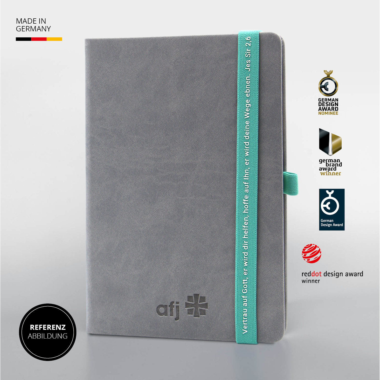 Graues Lanybook® Notizbuch mit türkisfarbenem Lanyband und afj-Prägung, stehend vor weißem Hintergrund, ausgezeichnet mit Red Dot Design Award, German Design Award und German Brand Award.