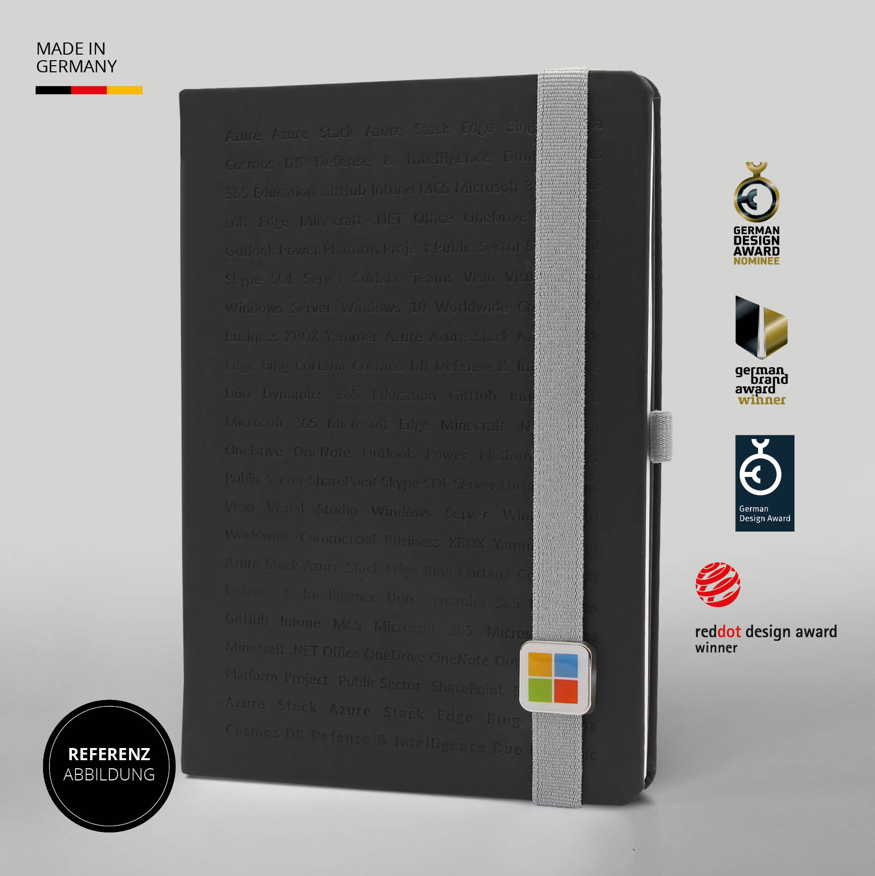 Schwarzes Microsoft Notizbuch von Lanybook mit grauem Verschlussband und Prägung. Hochwertig, individuell gestaltbar.