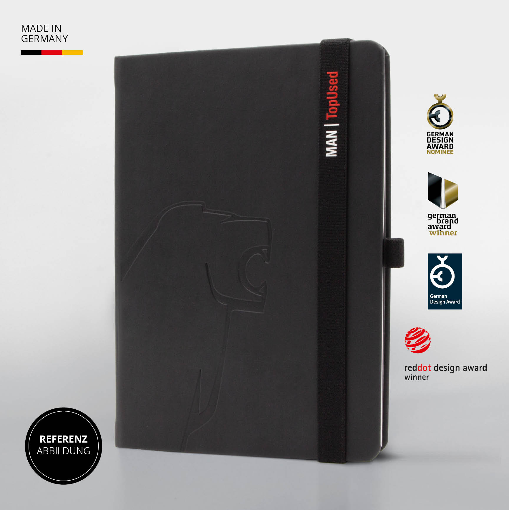 Edles schwarzes MAN Notizbuch mit individueller Prägung, elastischem Verschlussband und German Design Award Auszeichnung.