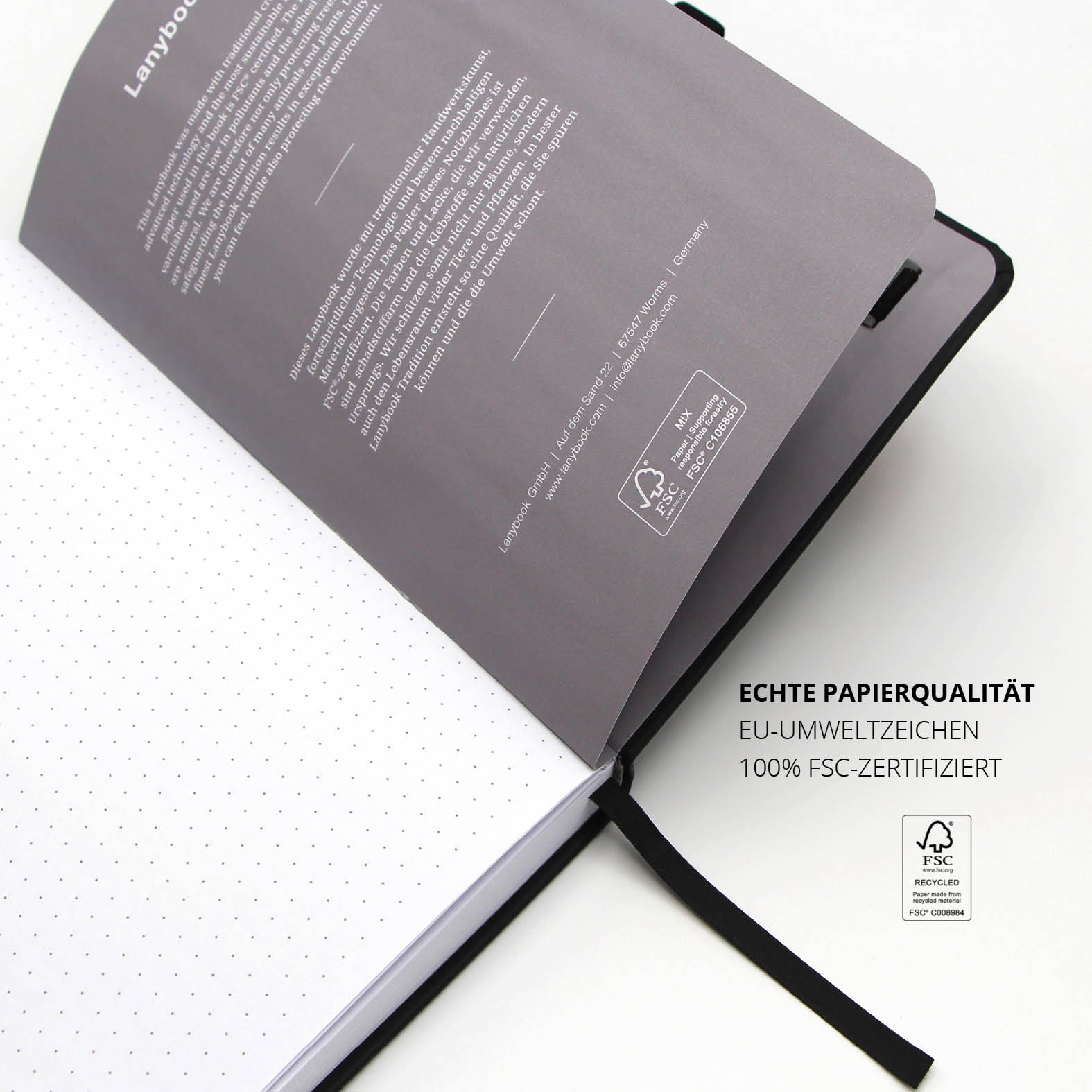 Detailansicht der hochwertigen Innenseiten im Lanybook® Essential A5 Notizbuch, klimaneutral produziert und nachhaltig zertifiziert