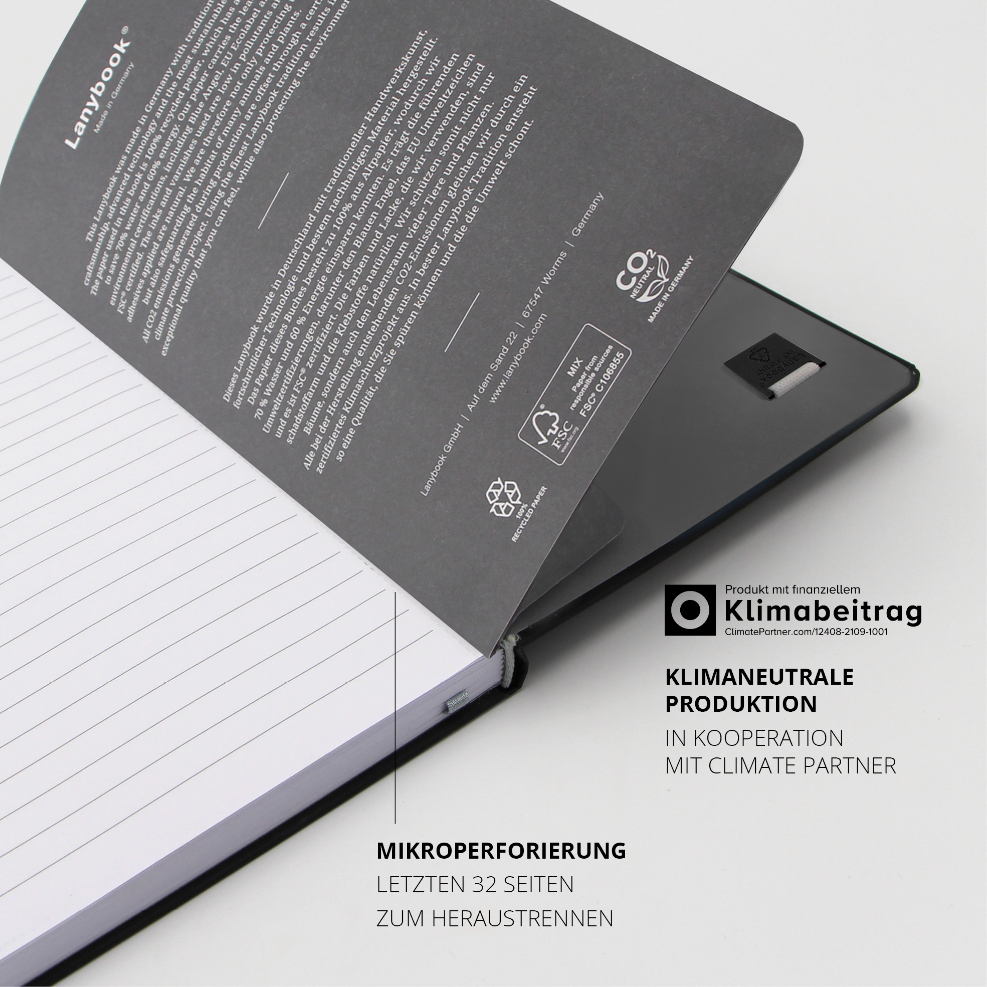 Letzte 32 Seiten mikroperforiert – klimaneutral produziert mit FSC-Zertifikat.