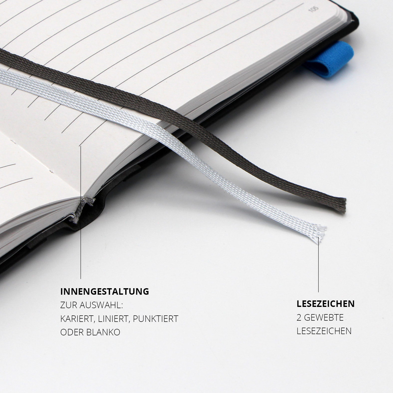 Zwei gewebte Lesezeichen und linierte Innenseiten – auch kariert, punktiert oder blanko erhältlich.